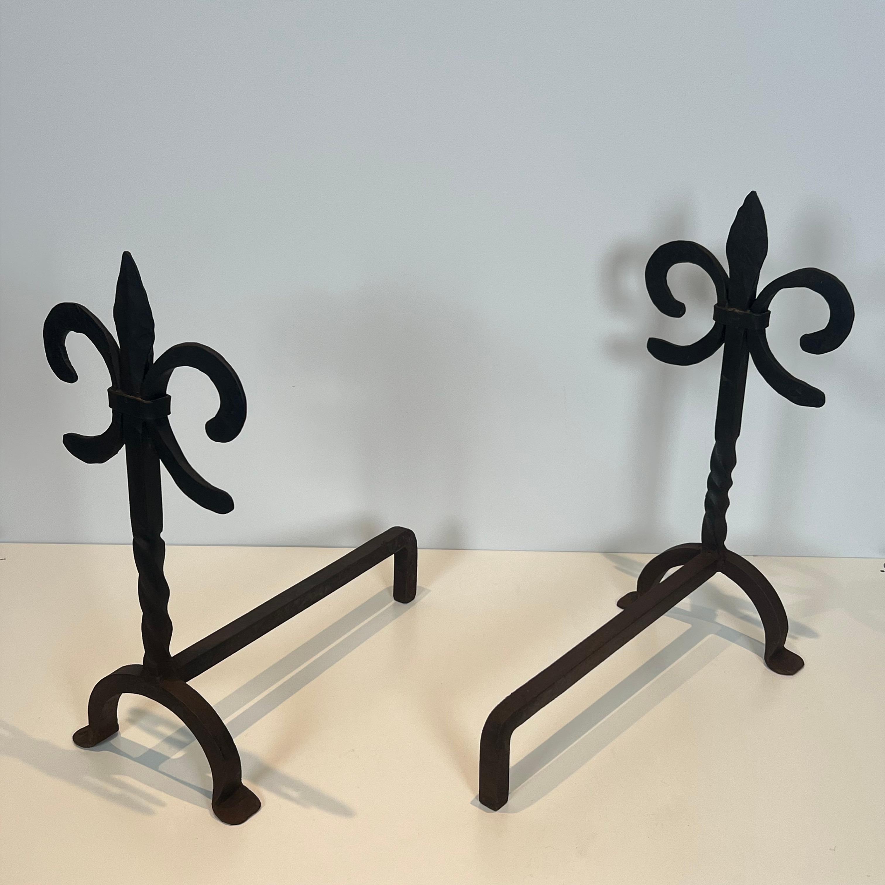 Pair of Fleurs de Lys Wrought Iron Andirons For Sale 5