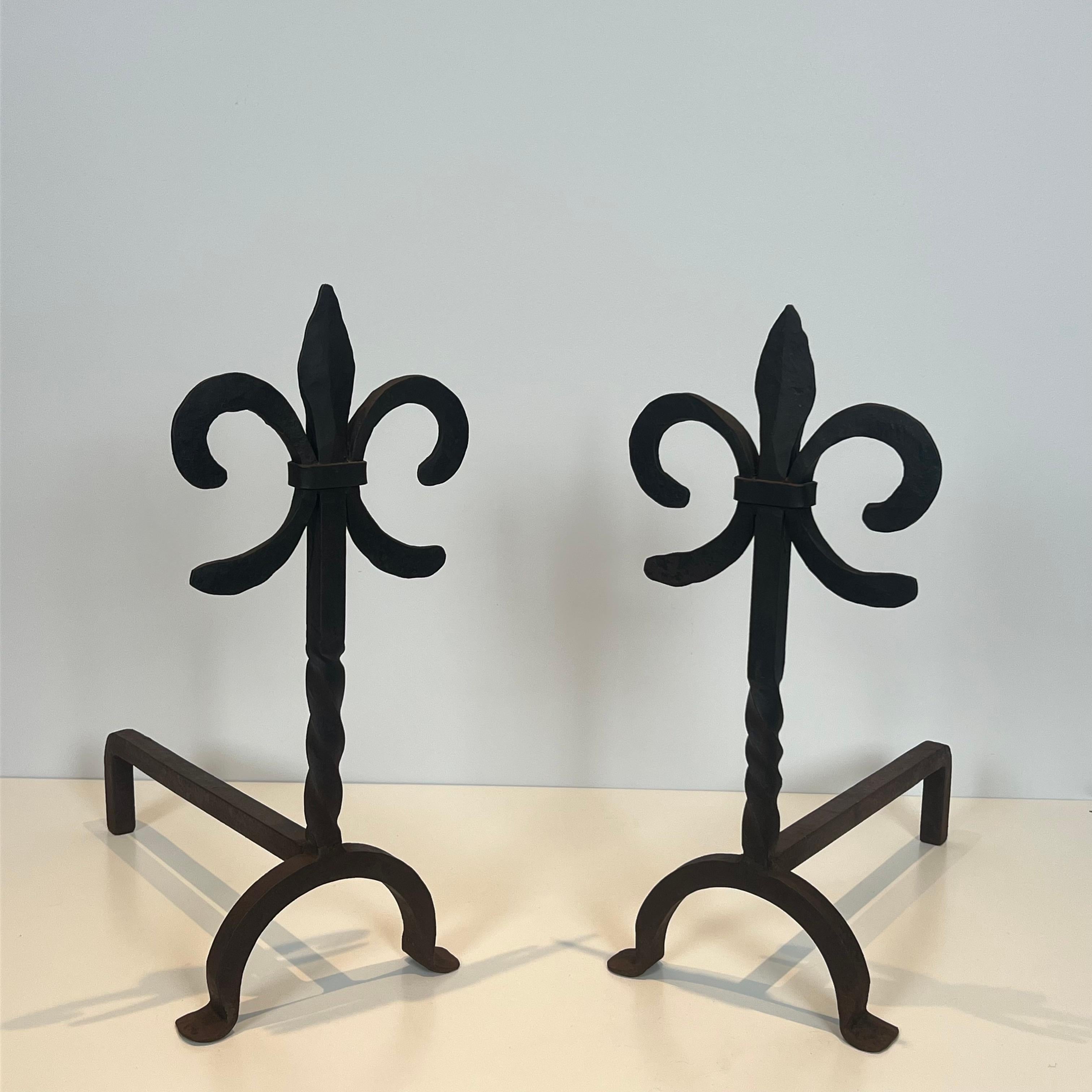 Pair of Fleurs de Lys Wrought Iron Andirons For Sale 6