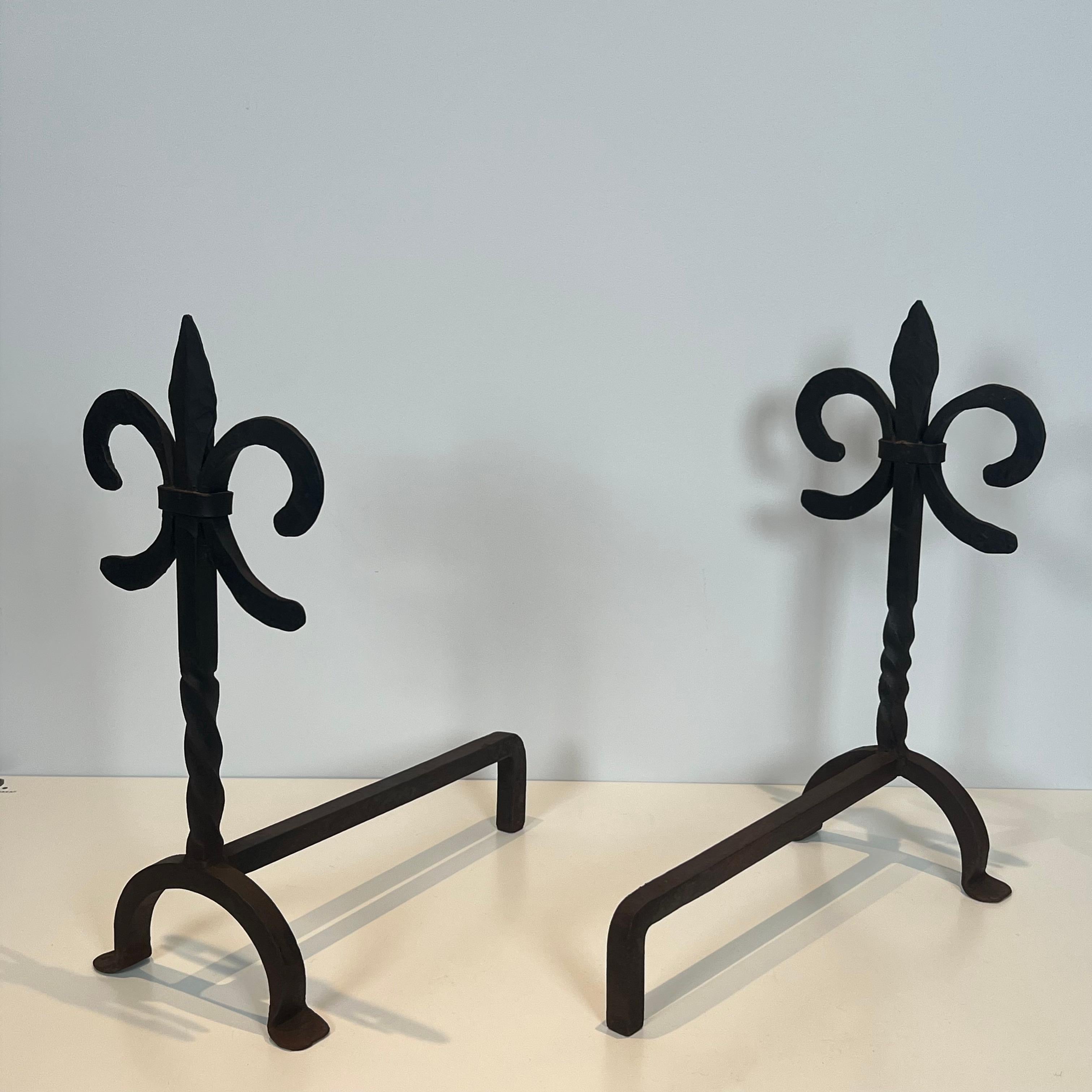 Pair of Fleurs de Lys Wrought Iron Andirons For Sale 7