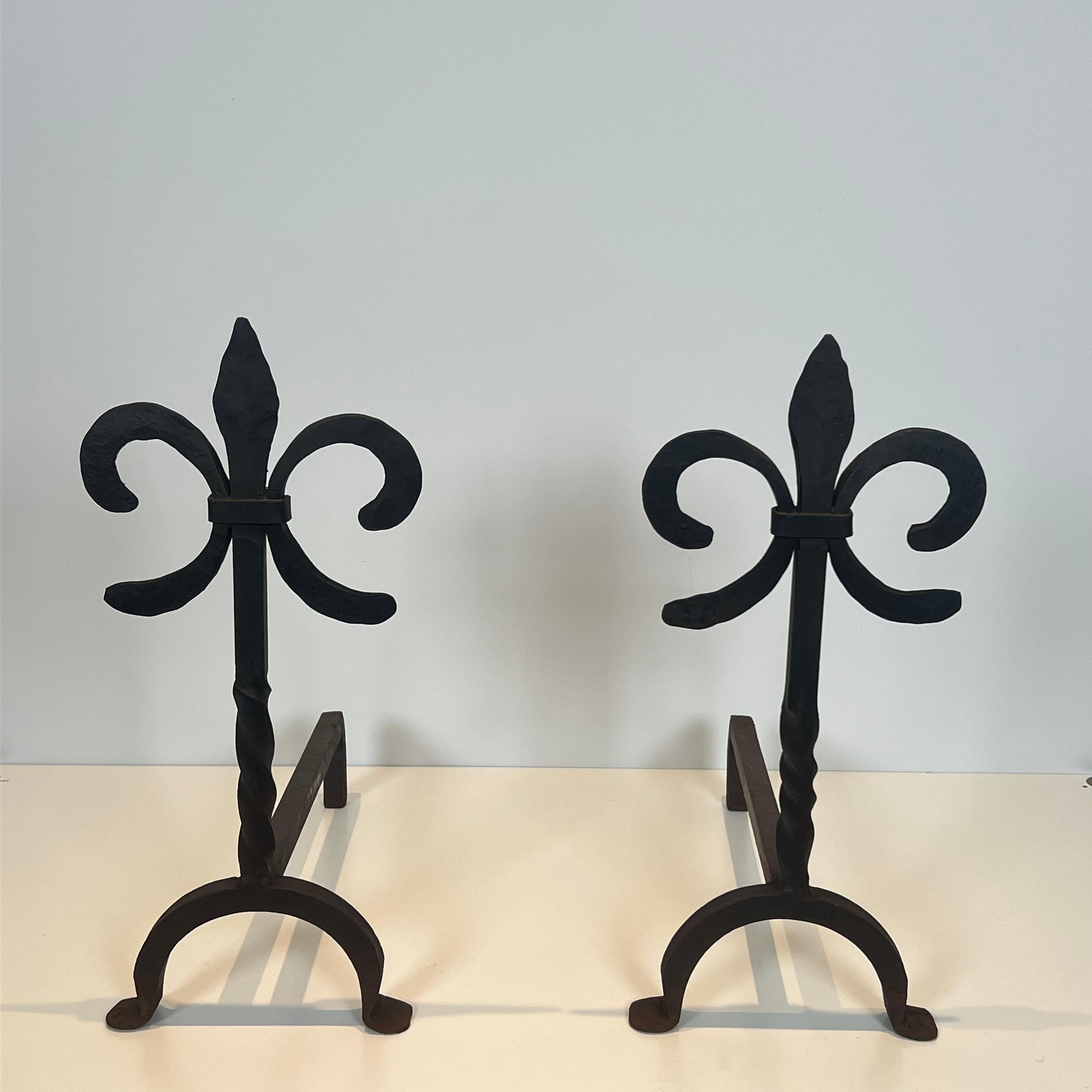 Pair of Fleurs de Lys Wrought Iron Andirons For Sale 8