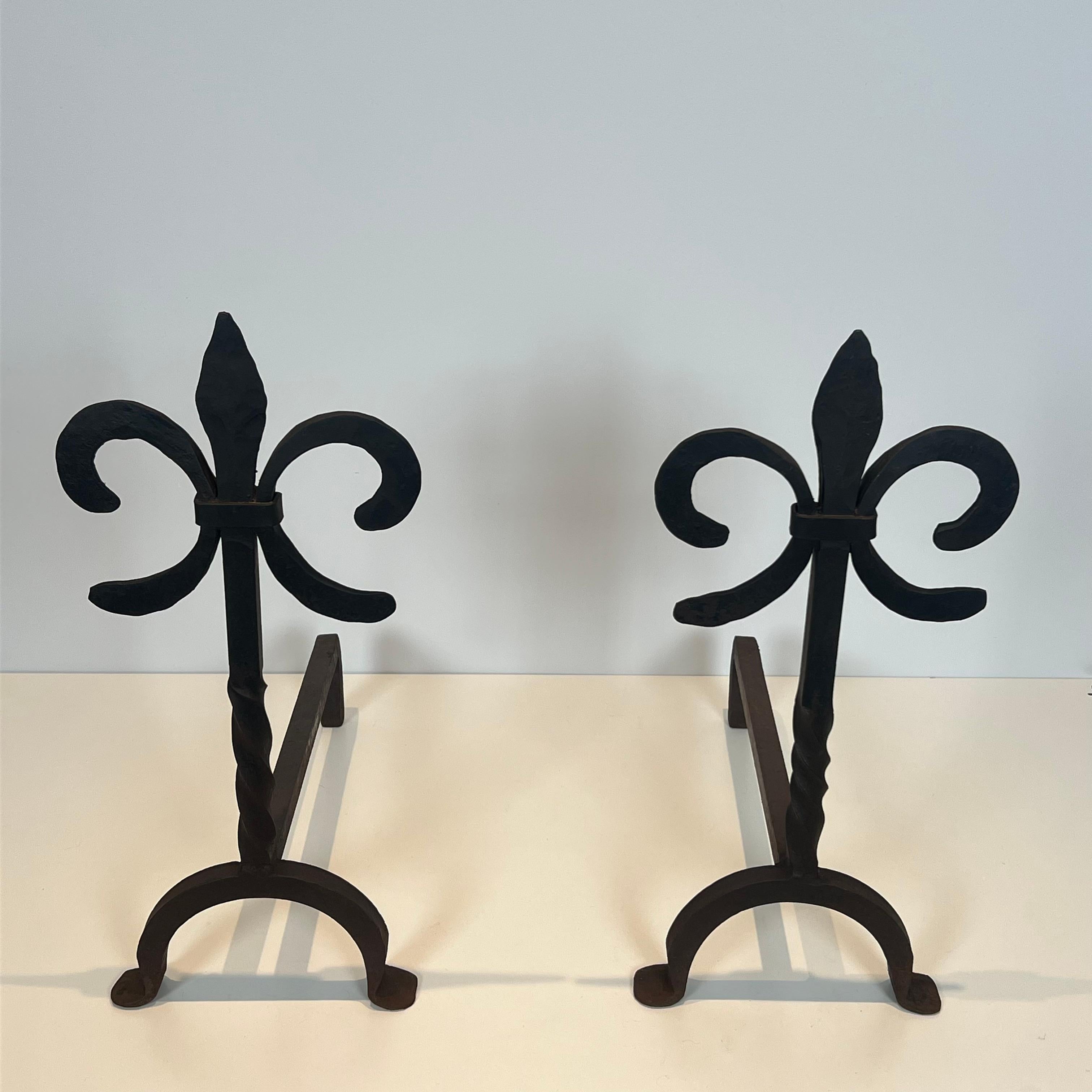 Louis XVI Pair of Fleurs de Lys Wrought Iron Andirons For Sale