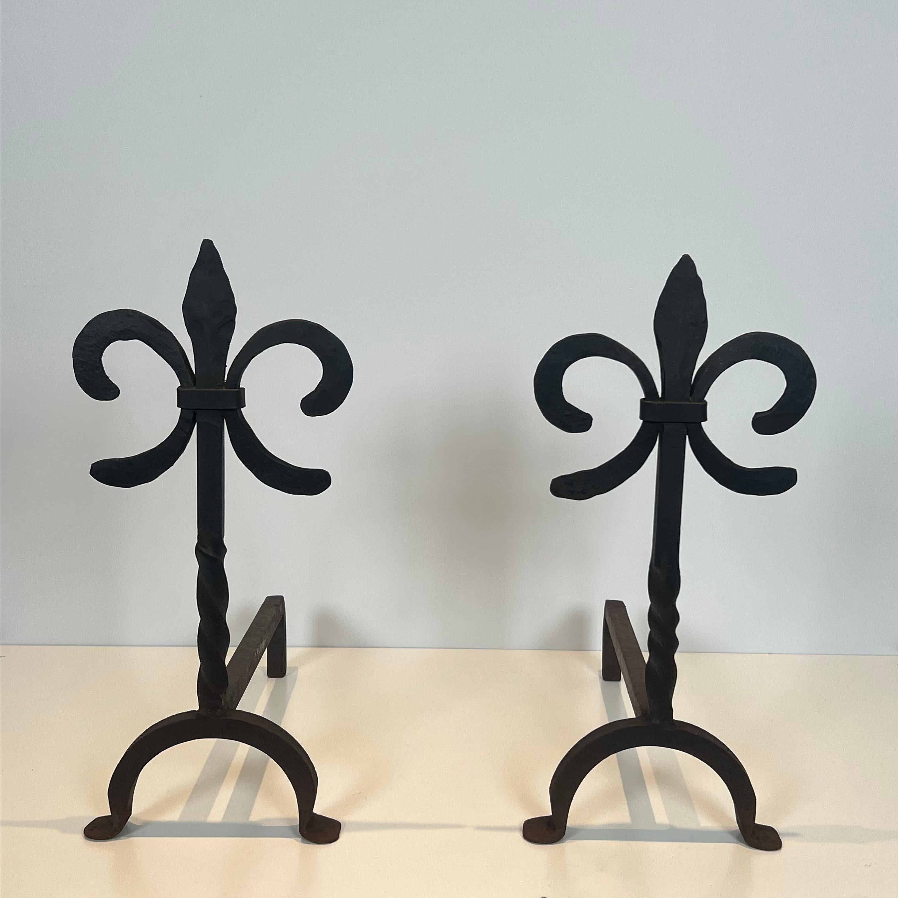 French Pair of Fleurs de Lys Wrought Iron Andirons For Sale