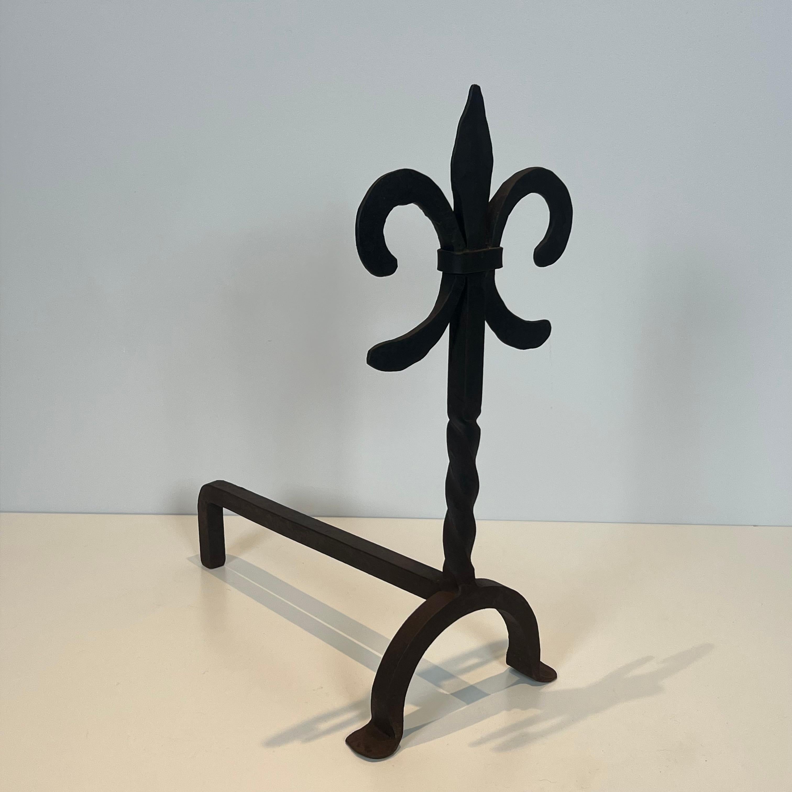 Mid-20th Century Pair of Fleurs de Lys Wrought Iron Andirons For Sale