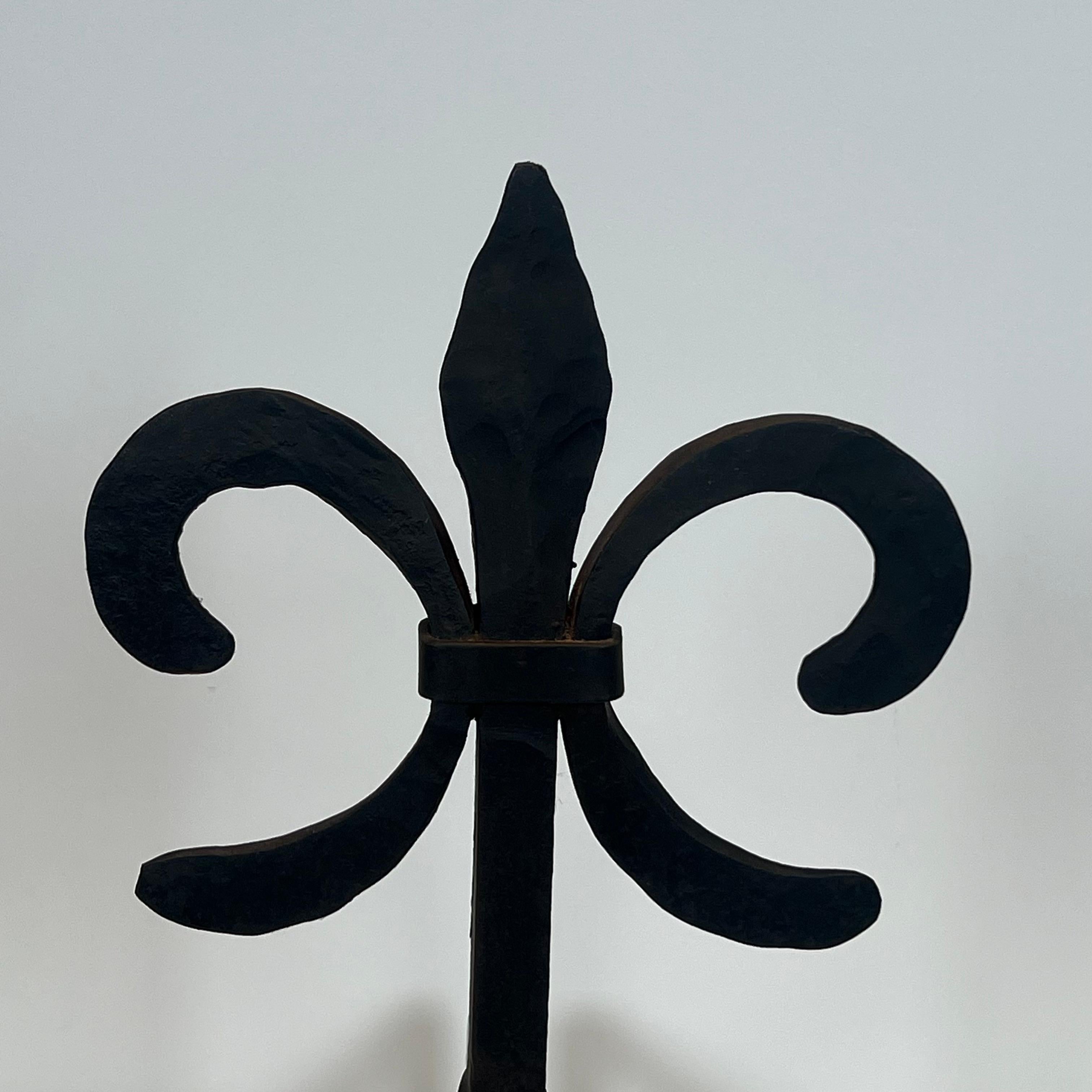 Pair of Fleurs de Lys Wrought Iron Andirons For Sale 1