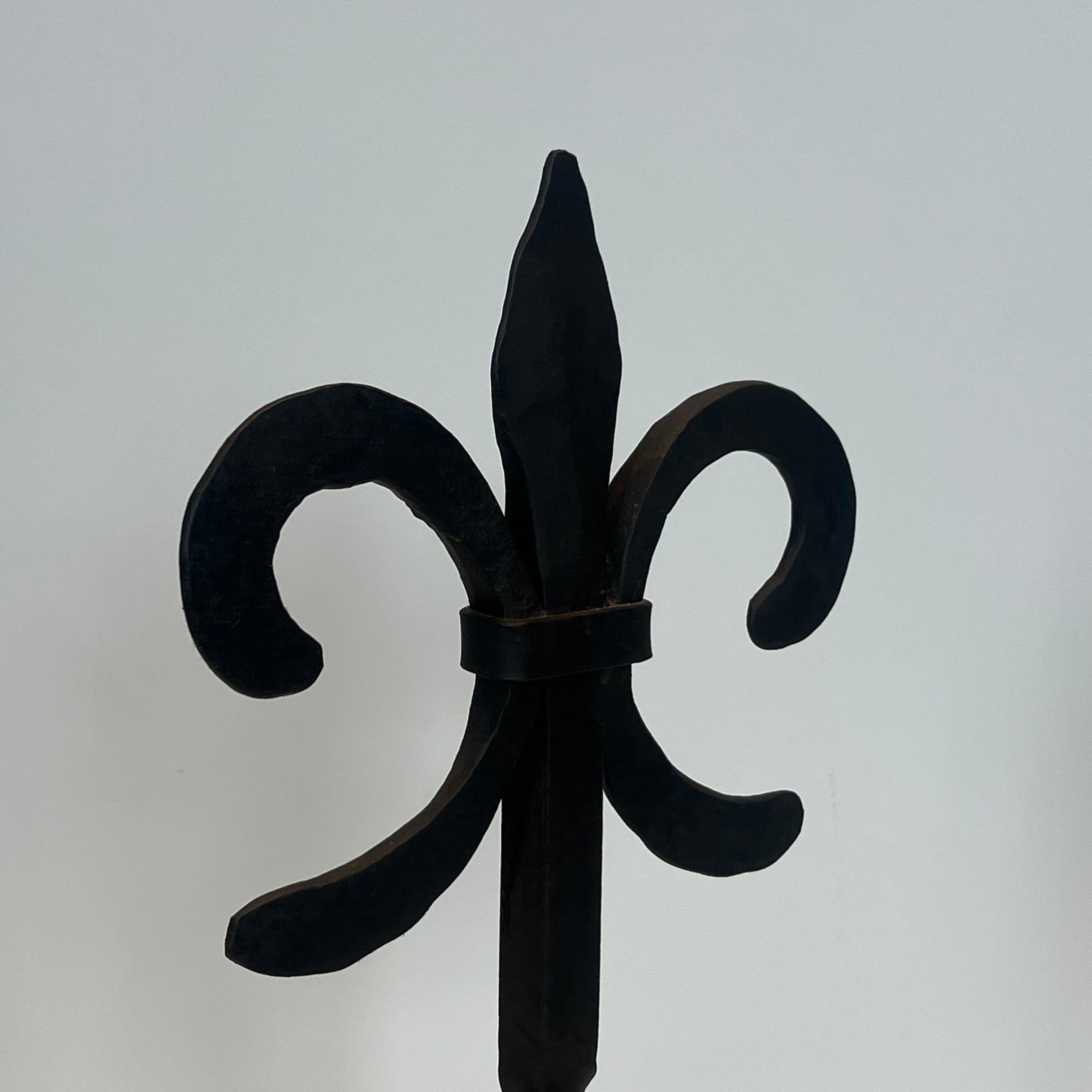 Pair of Fleurs de Lys Wrought Iron Andirons For Sale 2
