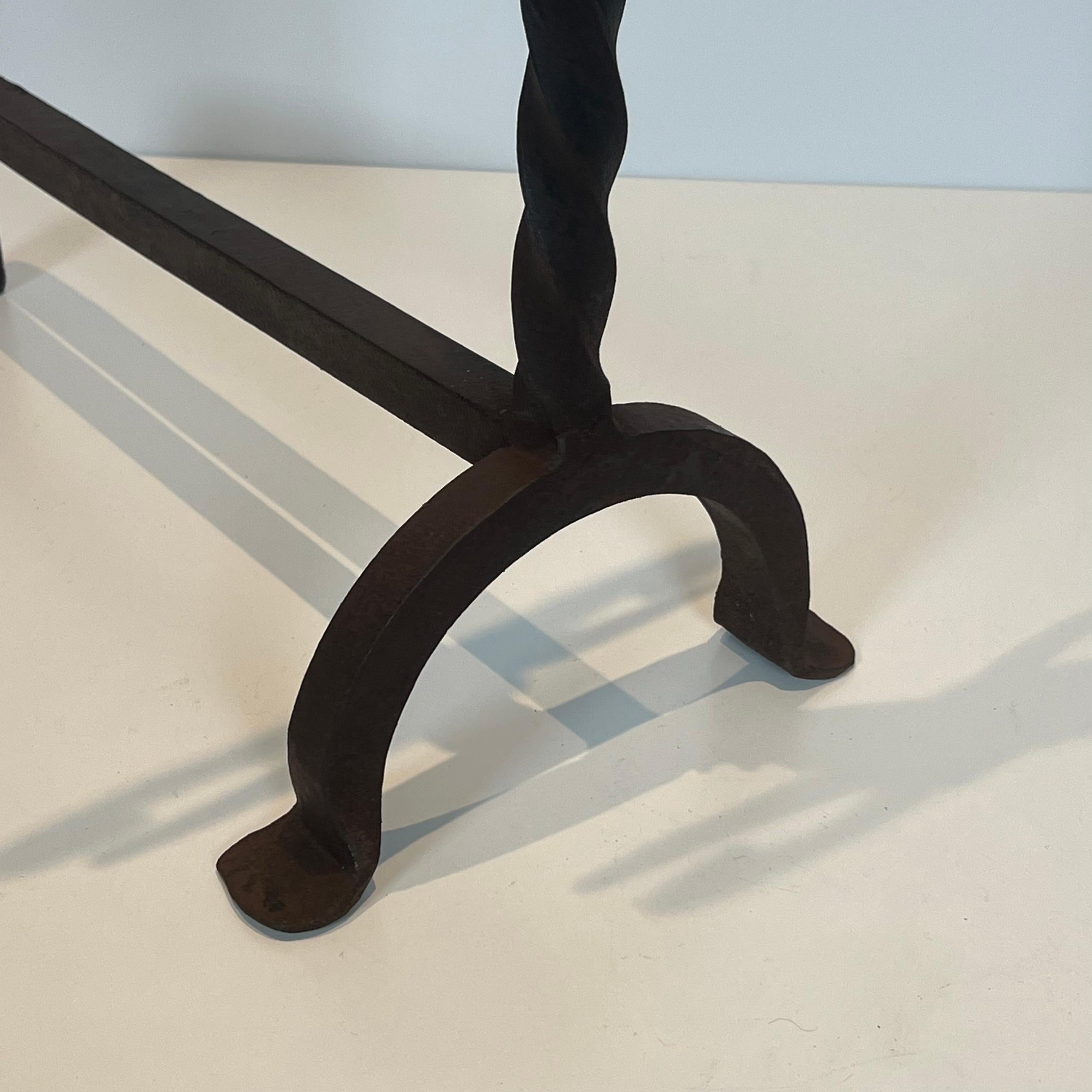 Pair of Fleurs de Lys Wrought Iron Andirons For Sale 3