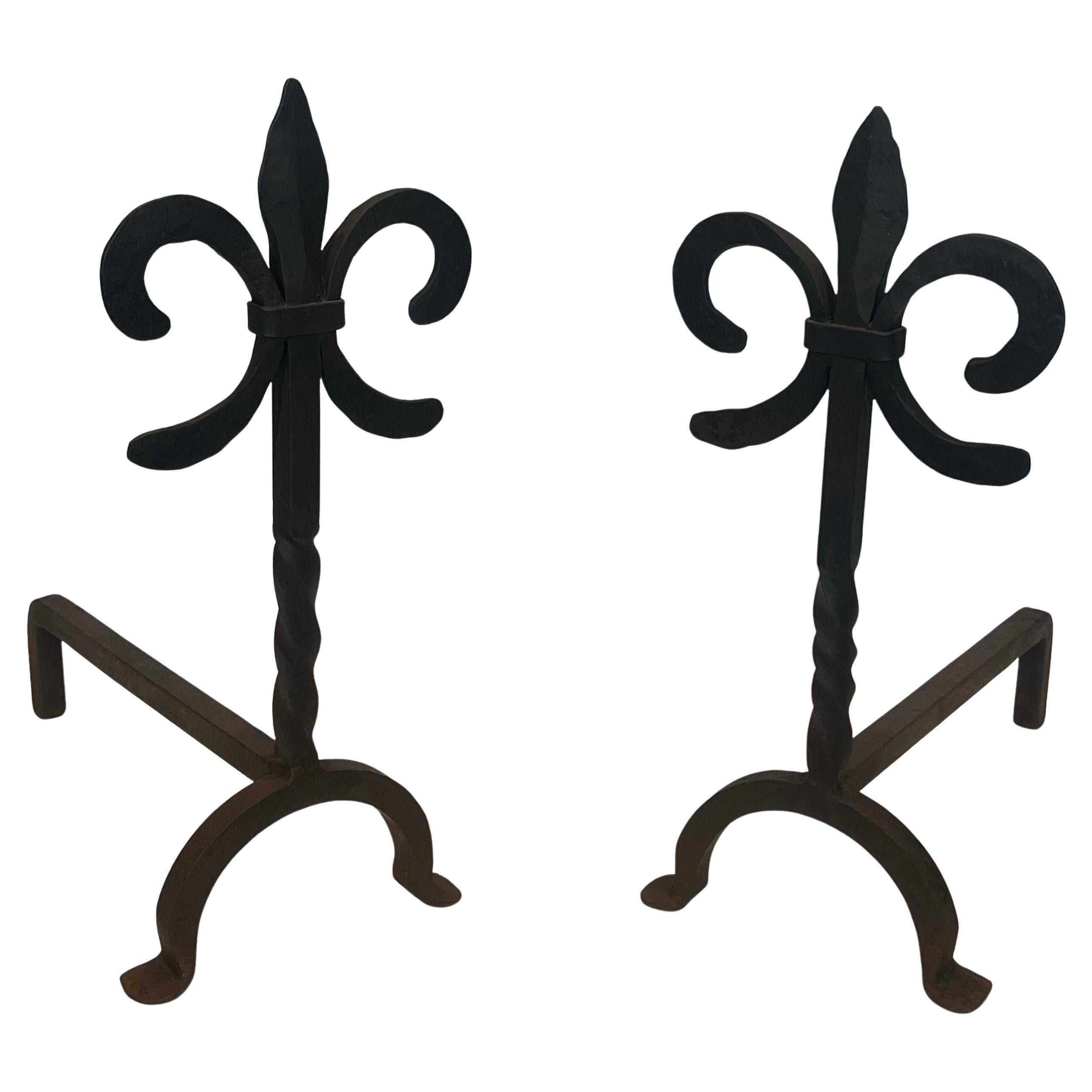 Pair of Fleurs de Lys Wrought Iron Andirons