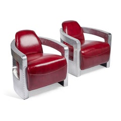 Pair of Flight Commander's Aviator Red Leather & Aluminium Club Chairs