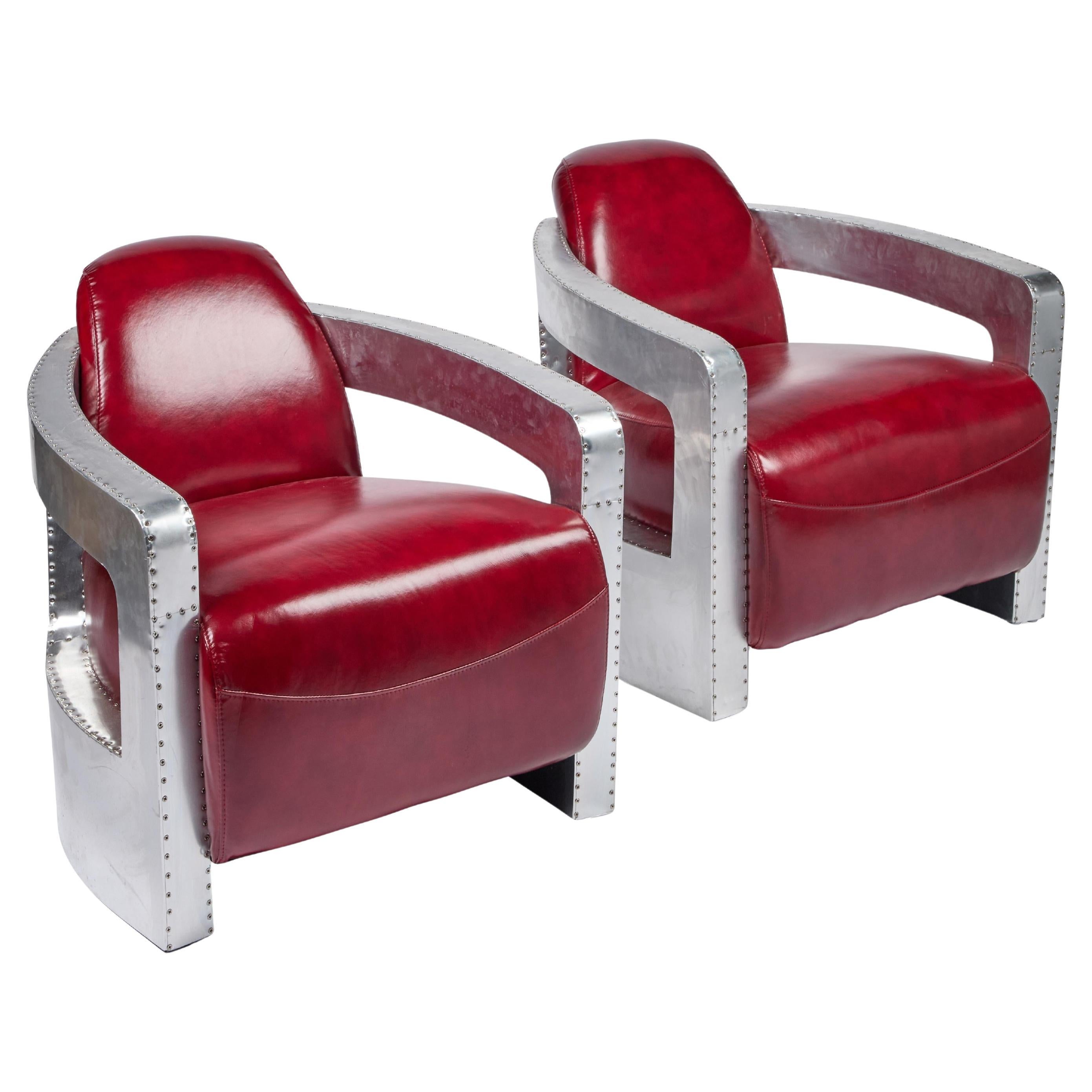 Pair of Flight Commander's Aviator Red Leather & Aluminium Club Chairs