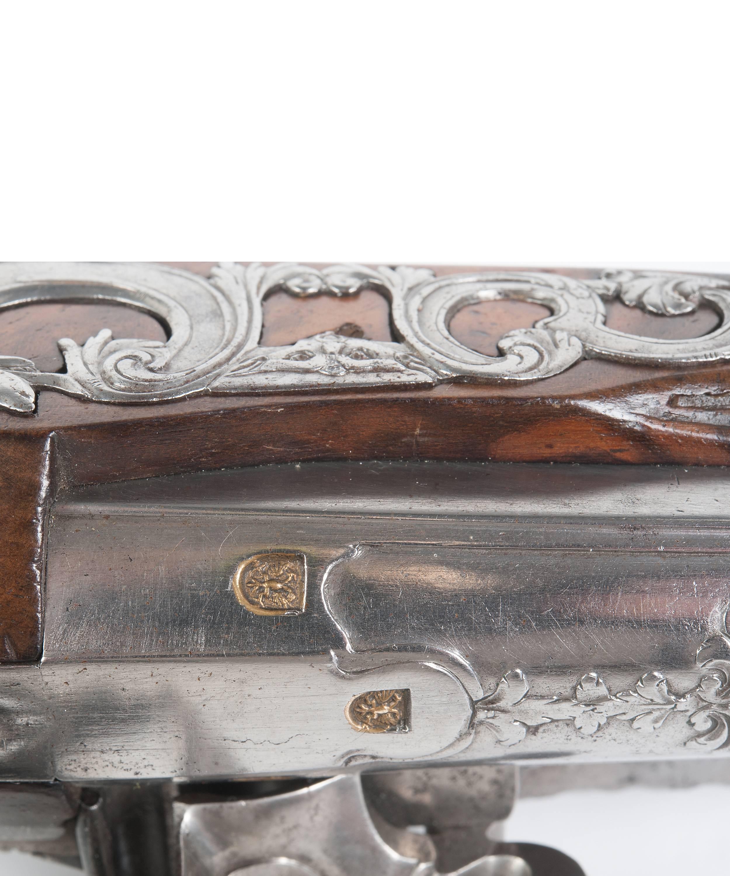 Walnut Pair of Flintlock Pistols by 'Oger Leblan' For Sale