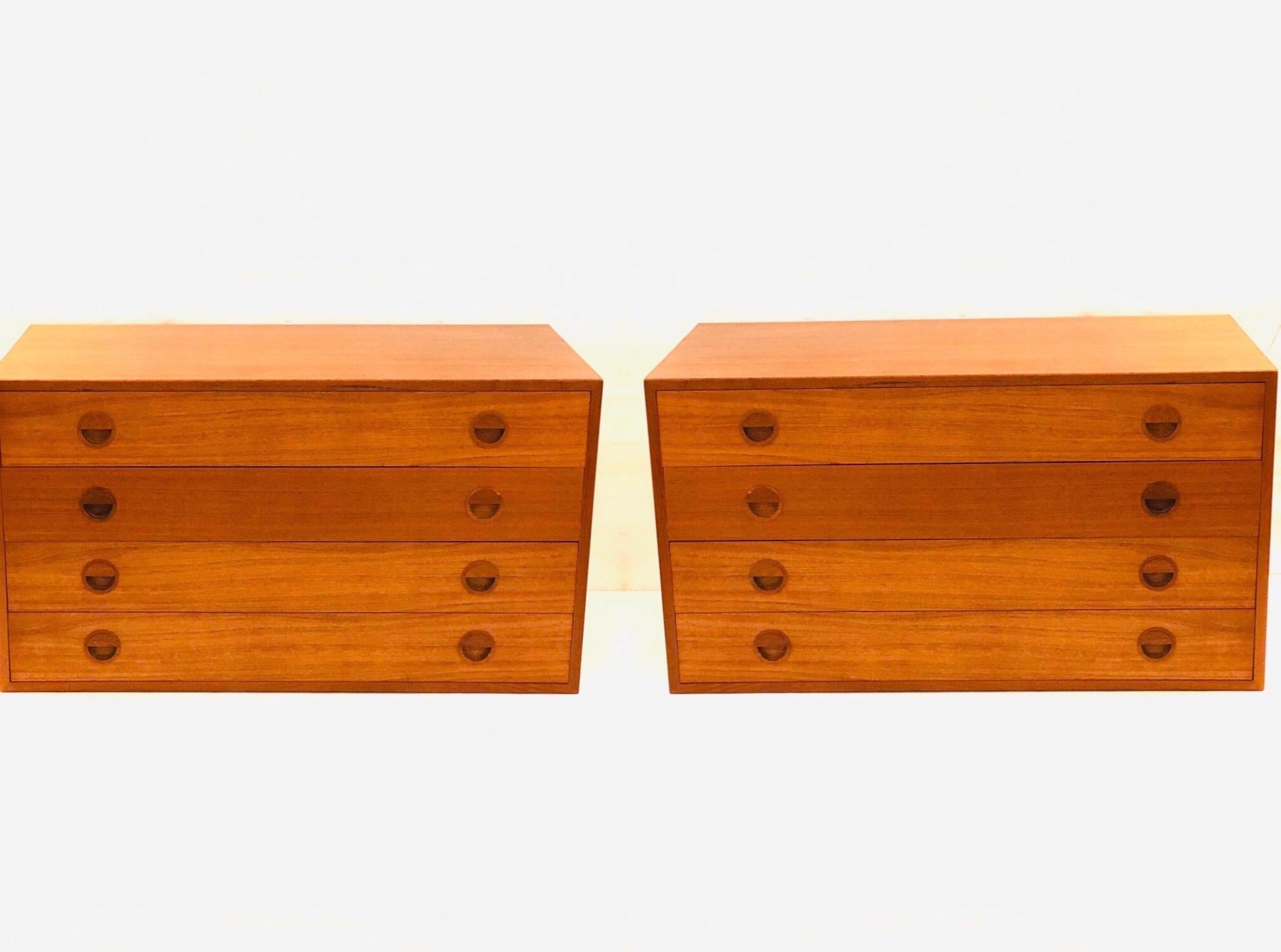 Danish modern teak wall dressers or floating nightstands, designed by Thygesen & Sorensen for HG Furniture, a very nice original condition we have cleaned them up and oil them, easy to install with wall brackets, stamped in the back as shown great