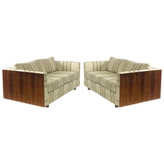 Pair of Floating Milo Baughman Style Cased Rosewood Tuxedo Sofas / Settees