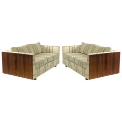 Pair of Floating Milo Baughman Style Cased Rosewood Tuxedo Sofas / Settees 