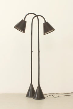 Pair of Floor Lamps by Valentí in Dark Brown Leather, Spain, 1950's