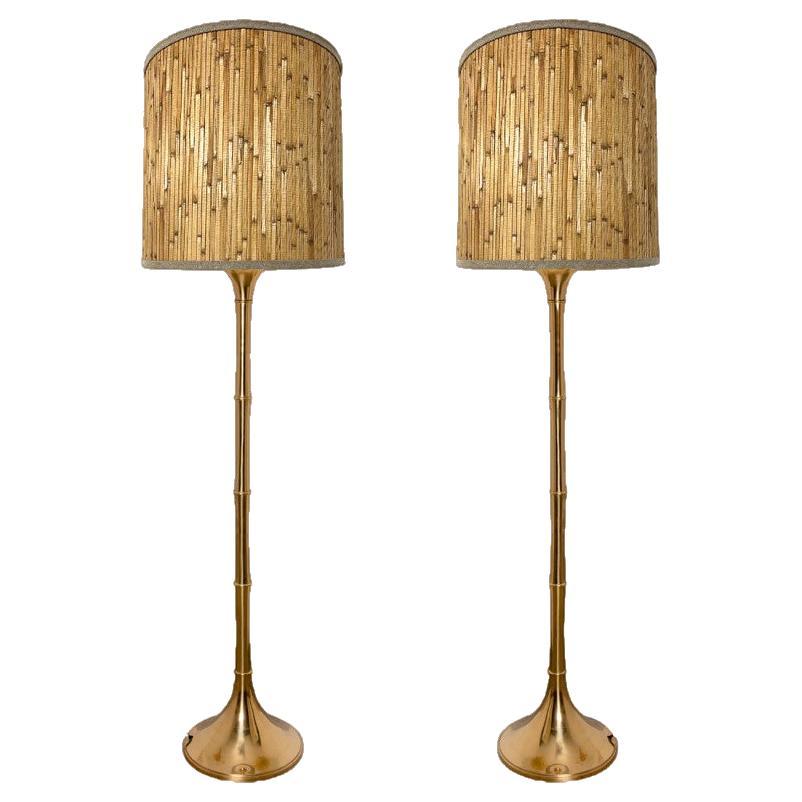 Pair of Floor Lamps Gold Brass and Bamoboo Shade by Ingo Maurer, Germany, 1968