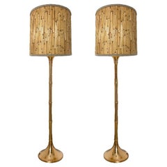 Retro Pair of Floor Lamps Gold Brass and Bamoboo Shade by Ingo Maurer, Germany, 1968