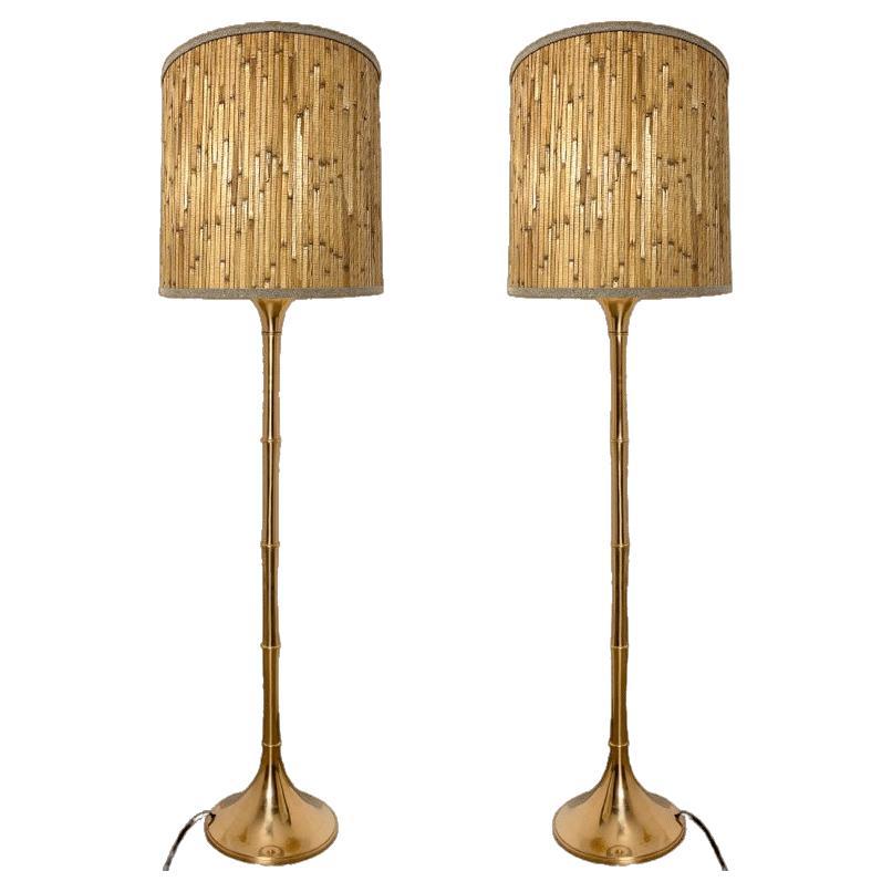 Pair of Floor Lamps Gold Brass and Bamoboo Shade by Ingo Maurer, Germany, 1968