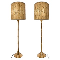 Pair of Floor Lamps Gold Brass and Bamoboo Shade by Ingo Maurer, Germany, 1968