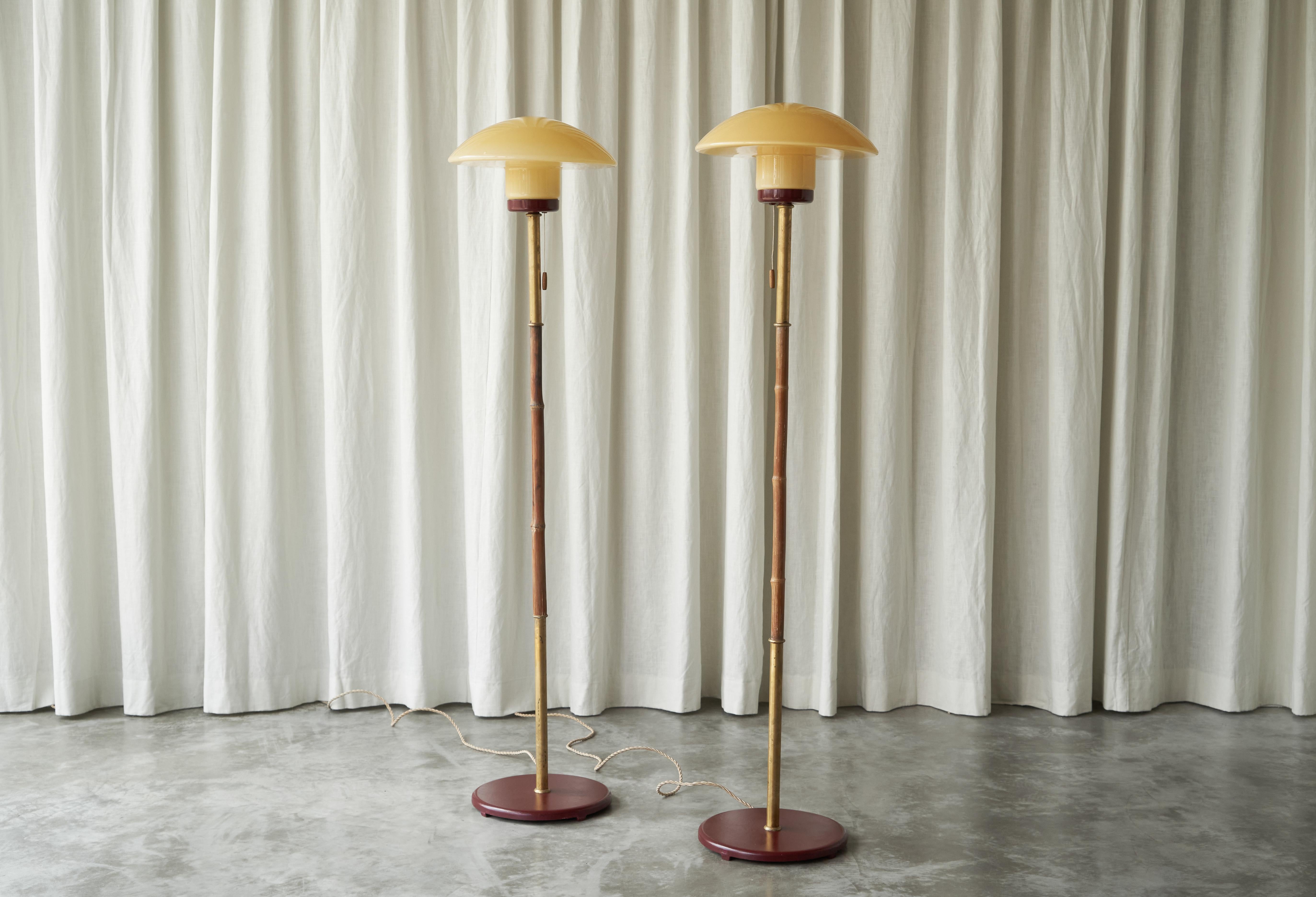 Pair of Floor Lamps in Bamboo, Patinated Brass and Yellow Glass 1940s 2