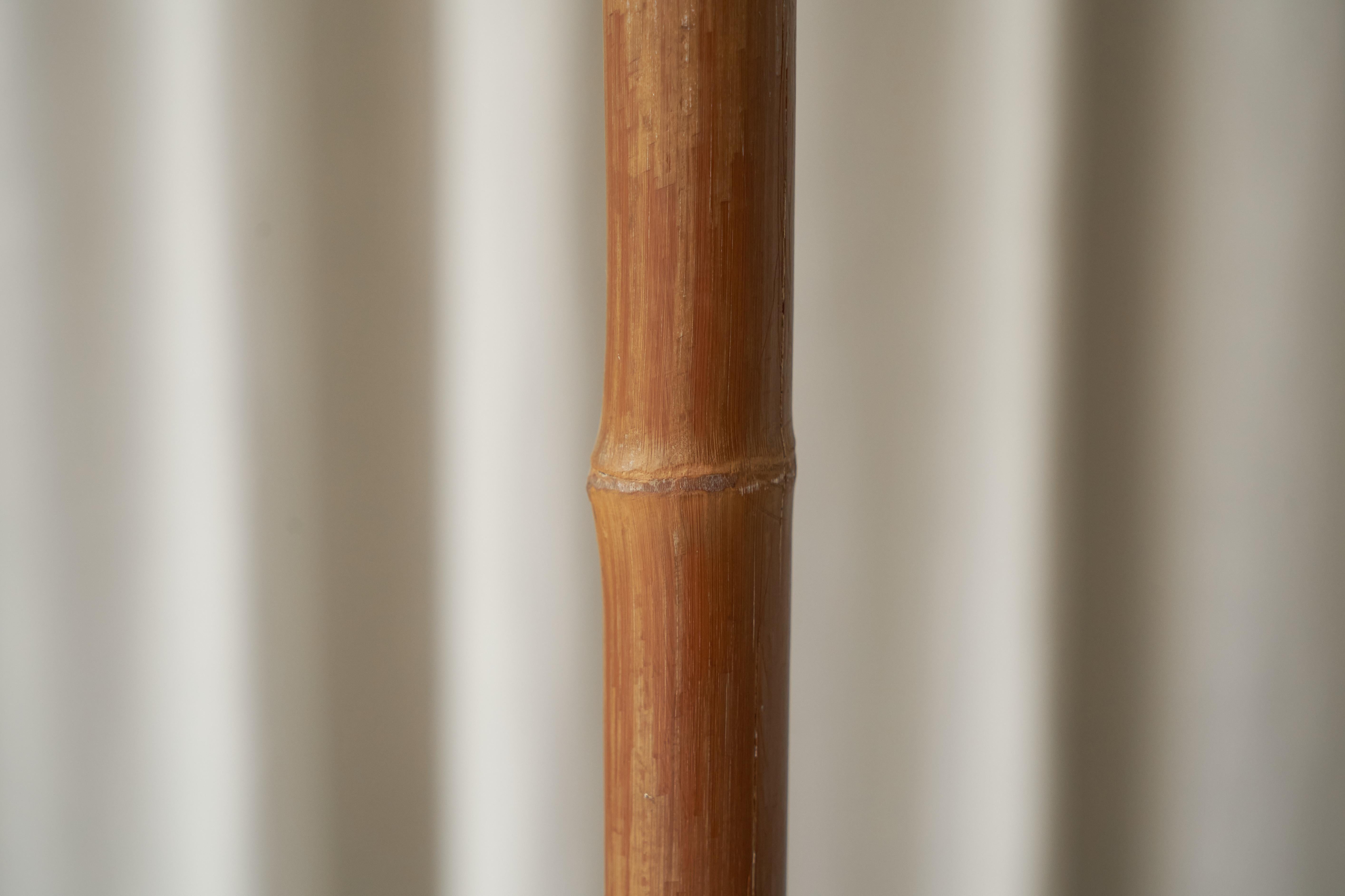 Pair of Floor Lamps in Bamboo, Patinated Brass and Yellow Glass 1940s In Good Condition In Meer, VAN