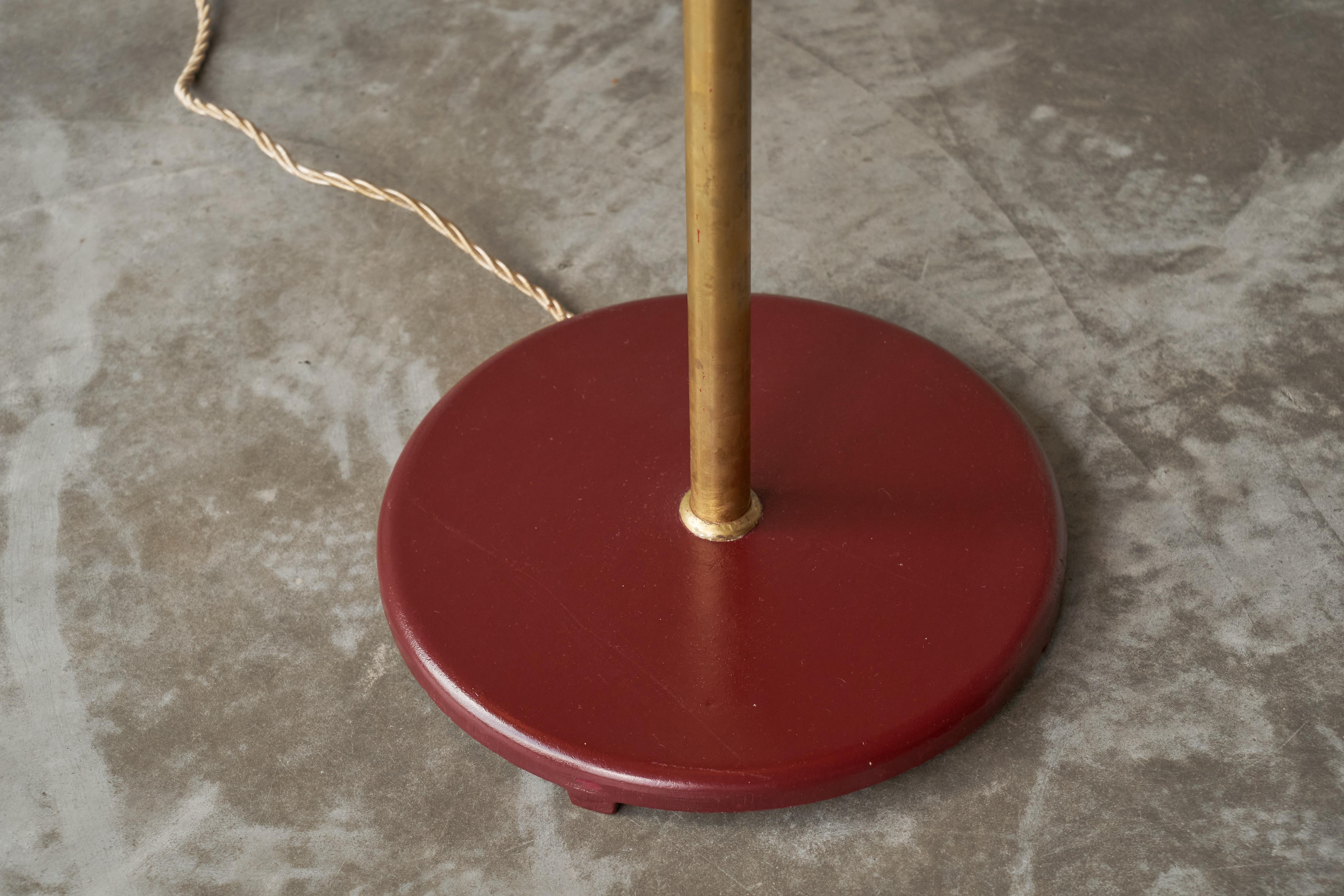 Metal Pair of Floor Lamps in Bamboo, Patinated Brass and Yellow Glass 1940s