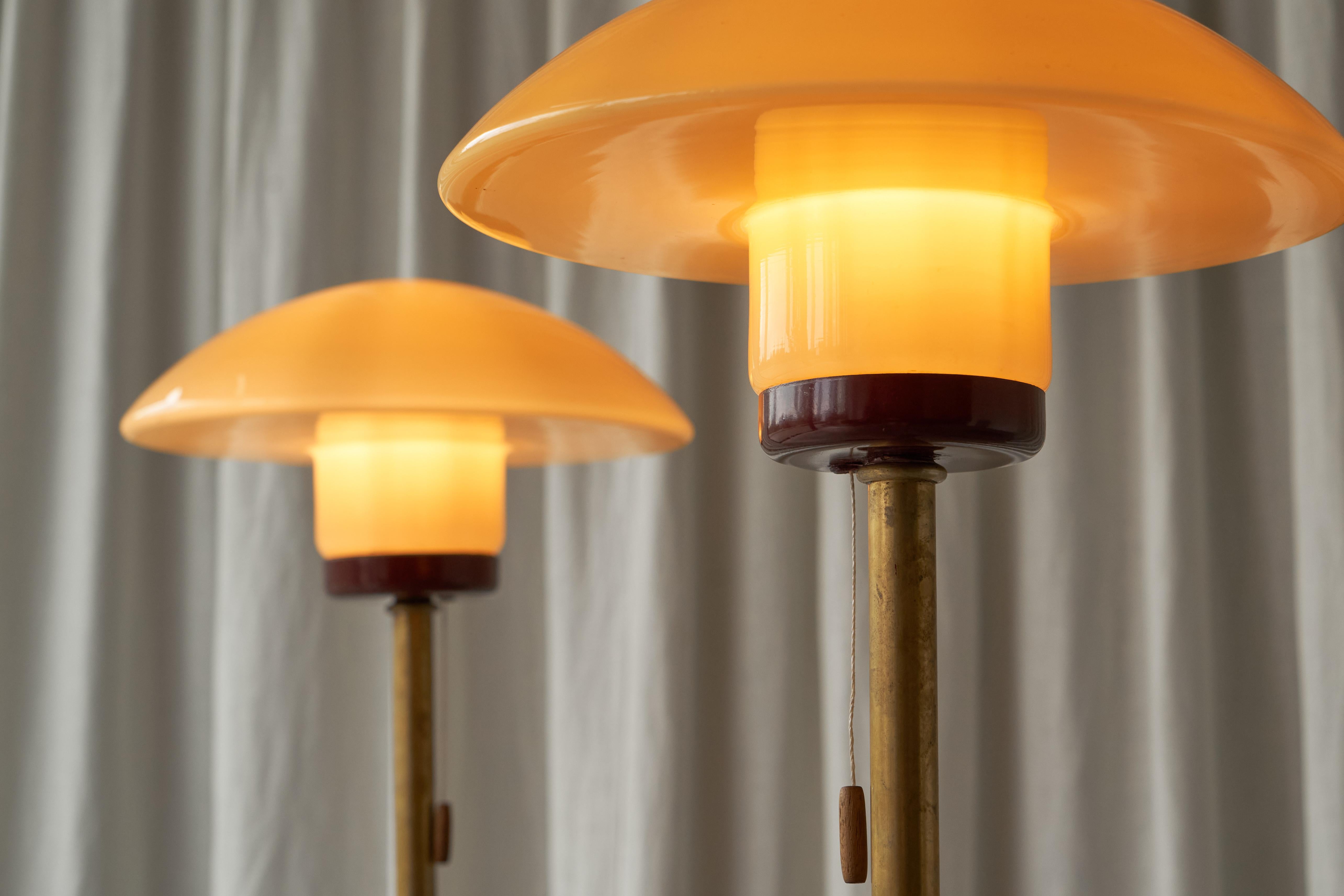 Pair of Floor Lamps in Bamboo, Patinated Brass and Yellow Glass 1940s 1