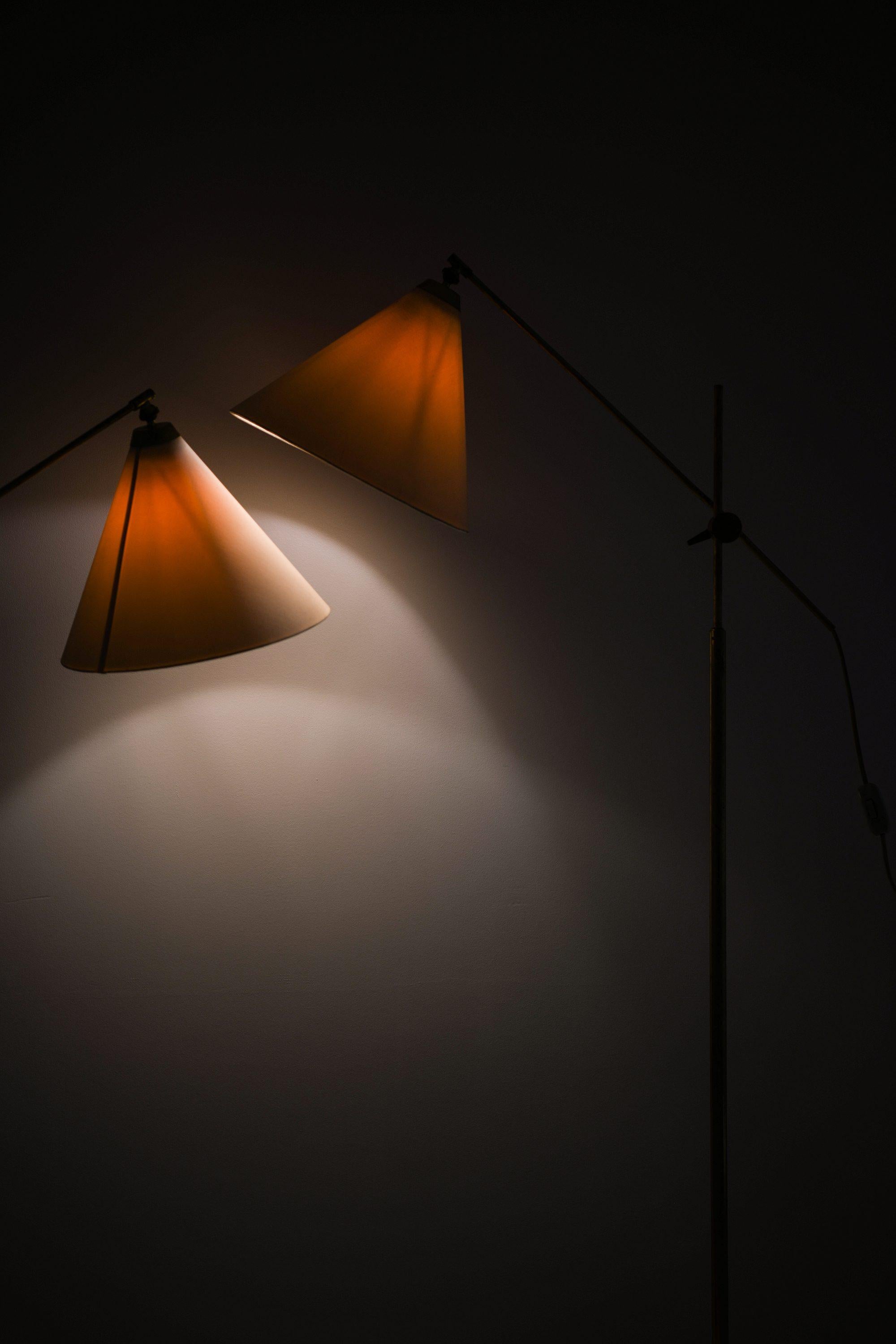 Pair of Floor Lamps in Brass and Original Shades by T.H. Valentiner, 1960's For Sale 1