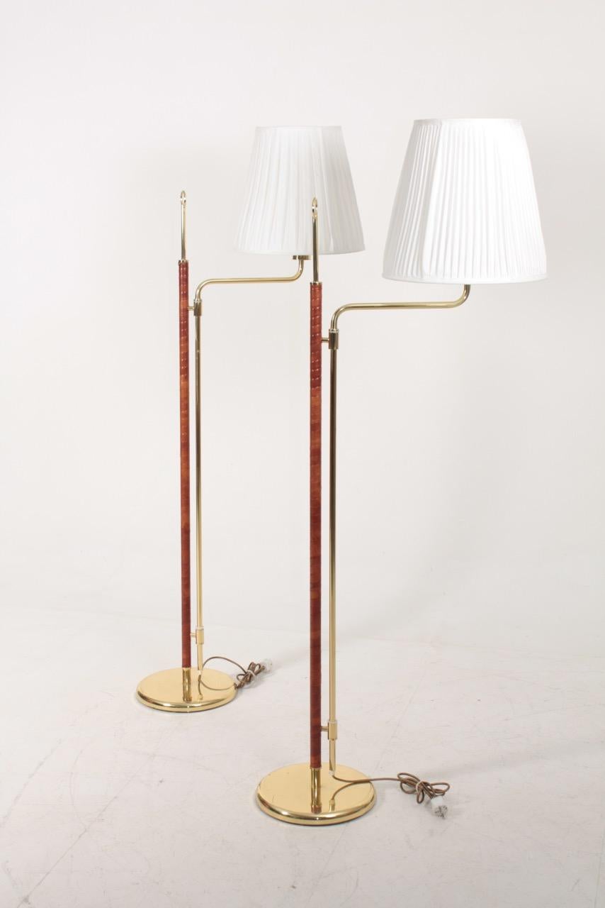 Pair of Floor Lamps in Brass and Patinated Leather, Made in Sweden 4