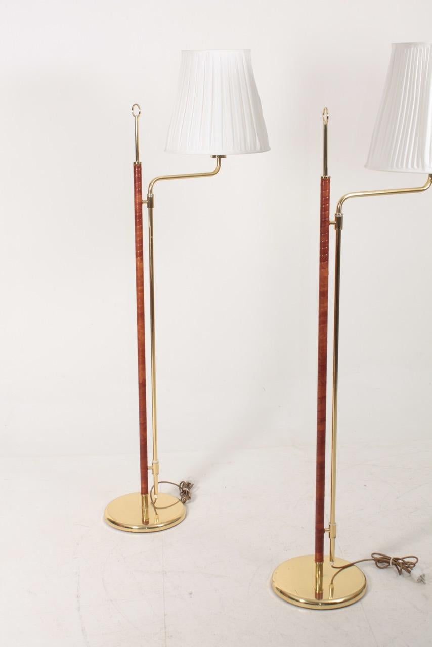 Pair of Floor Lamps in Brass and Patinated Leather, Made in Sweden 1