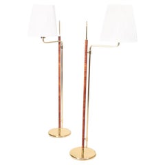 Pair of Floor Lamps in Brass and Patinated Leather, Made in Sweden