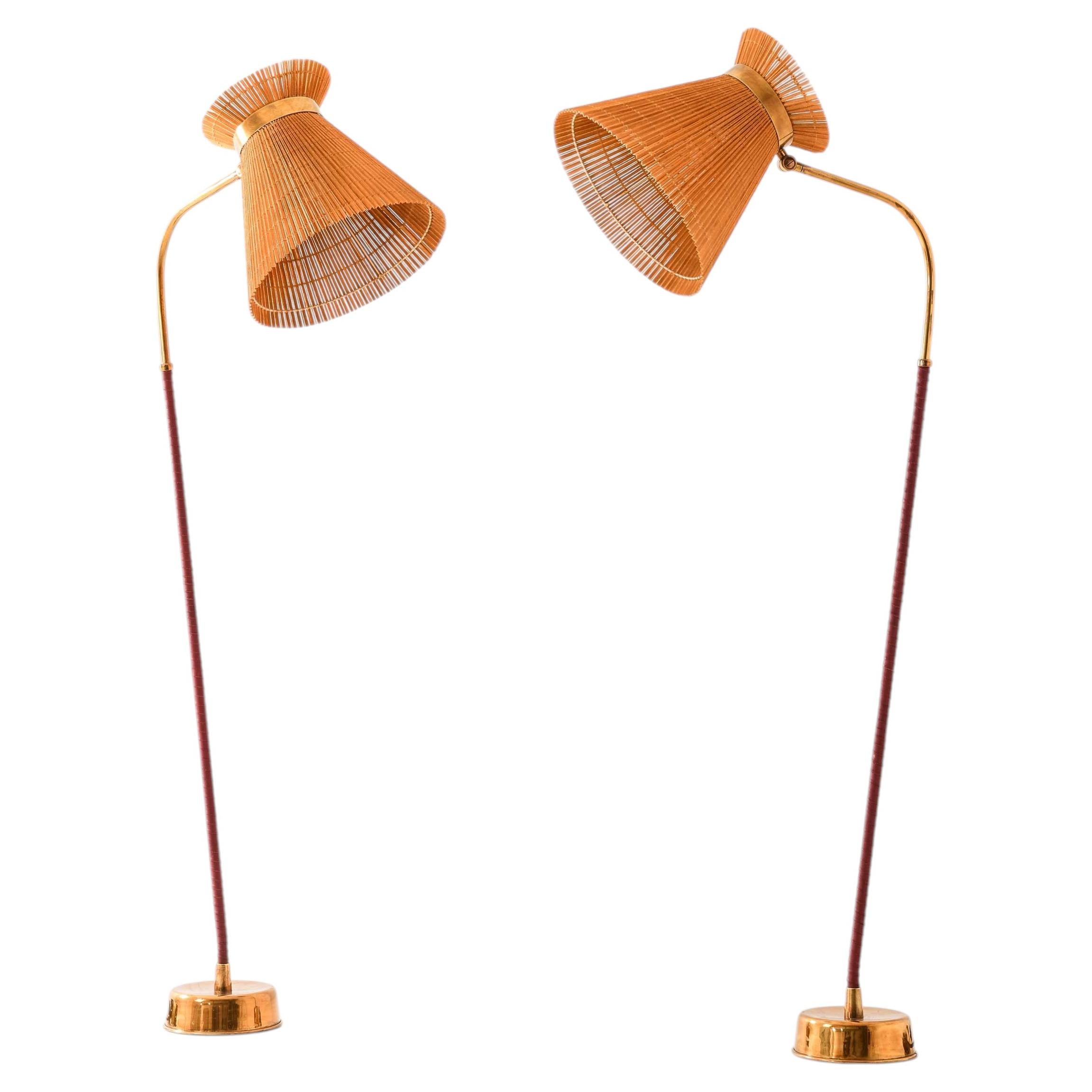 Pair of Floor Lamps in Brass, Leather & Wood by Lisa Johansson-Pape, 1955