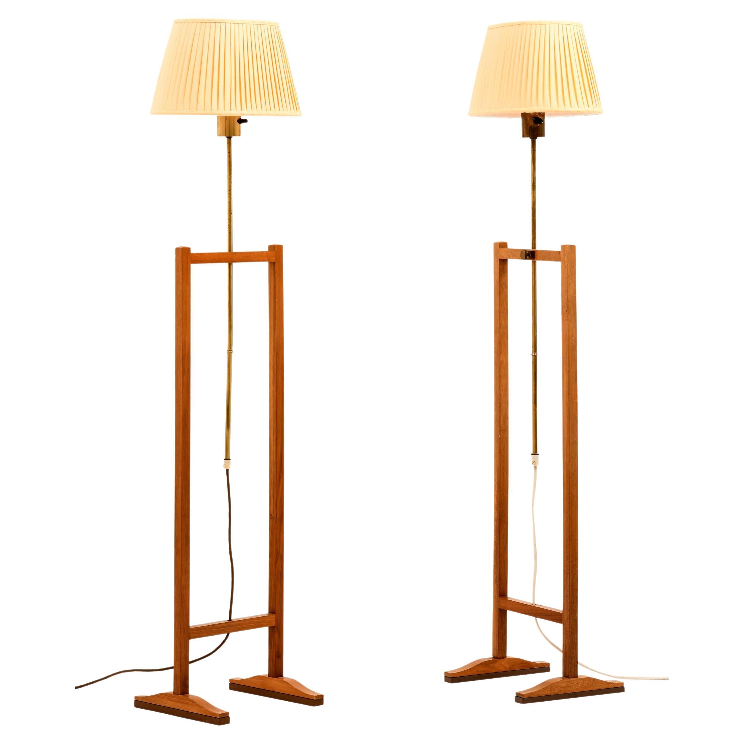 Pair of Floor Lamps in Cherrywood, Brass and Lamp Shades by Josef Frank, 1950's