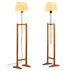 Pair of Floor Lamps in Cherrywood, Brass and Lamp Shades by Josef Frank, 1950's