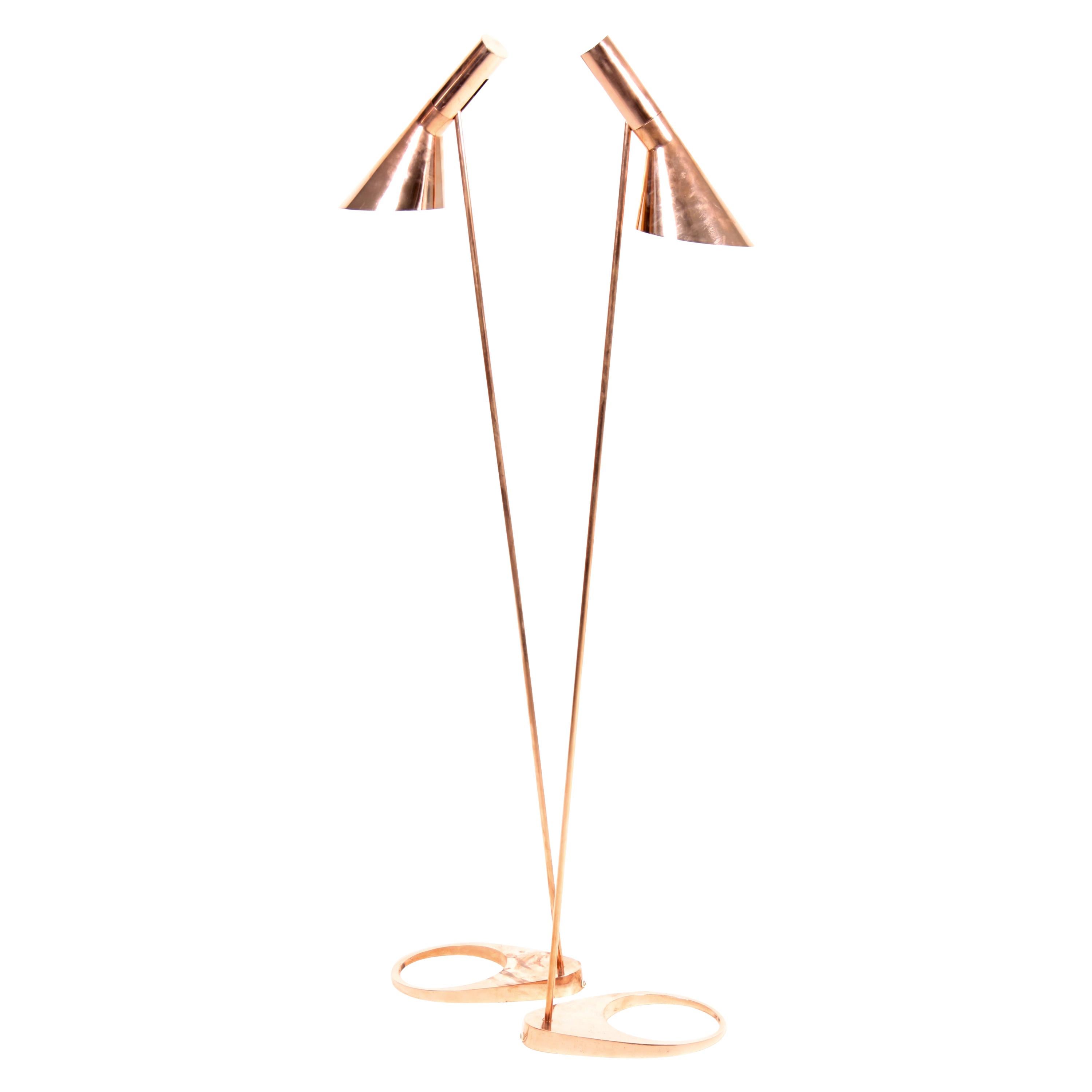 Pair of Floor Lamps in Copper by Arne Jacobsen, Scandinavian Modern, 1960s