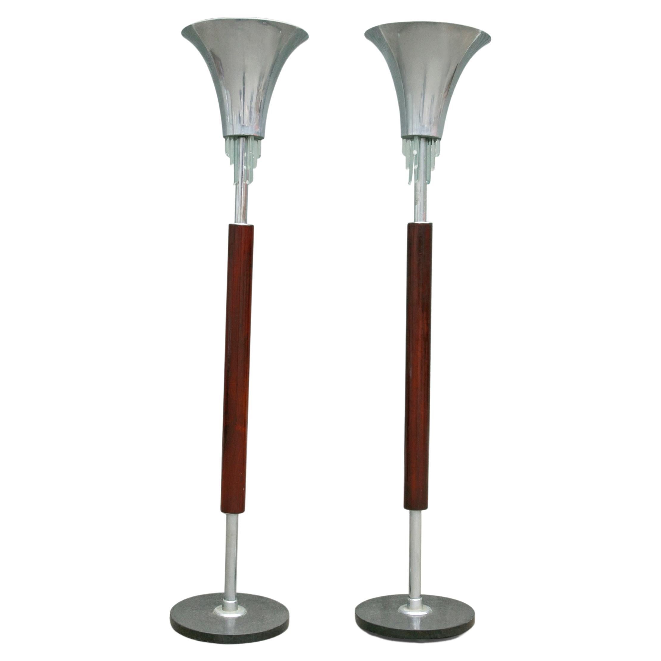 Pair of Floor Lamps in Hardwood, Crystal & Metal, Unknown, 1940s For Sale