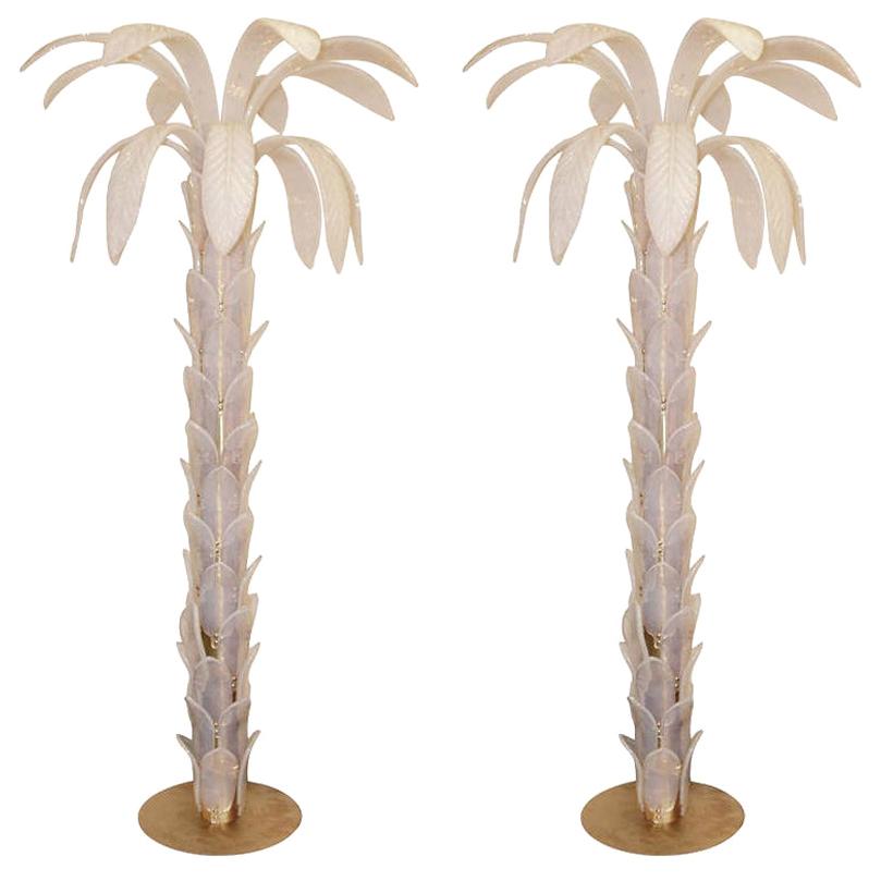 Pair of Floor Lamps "Palm" Murano Glass Opalescent, circa 1970, Italy