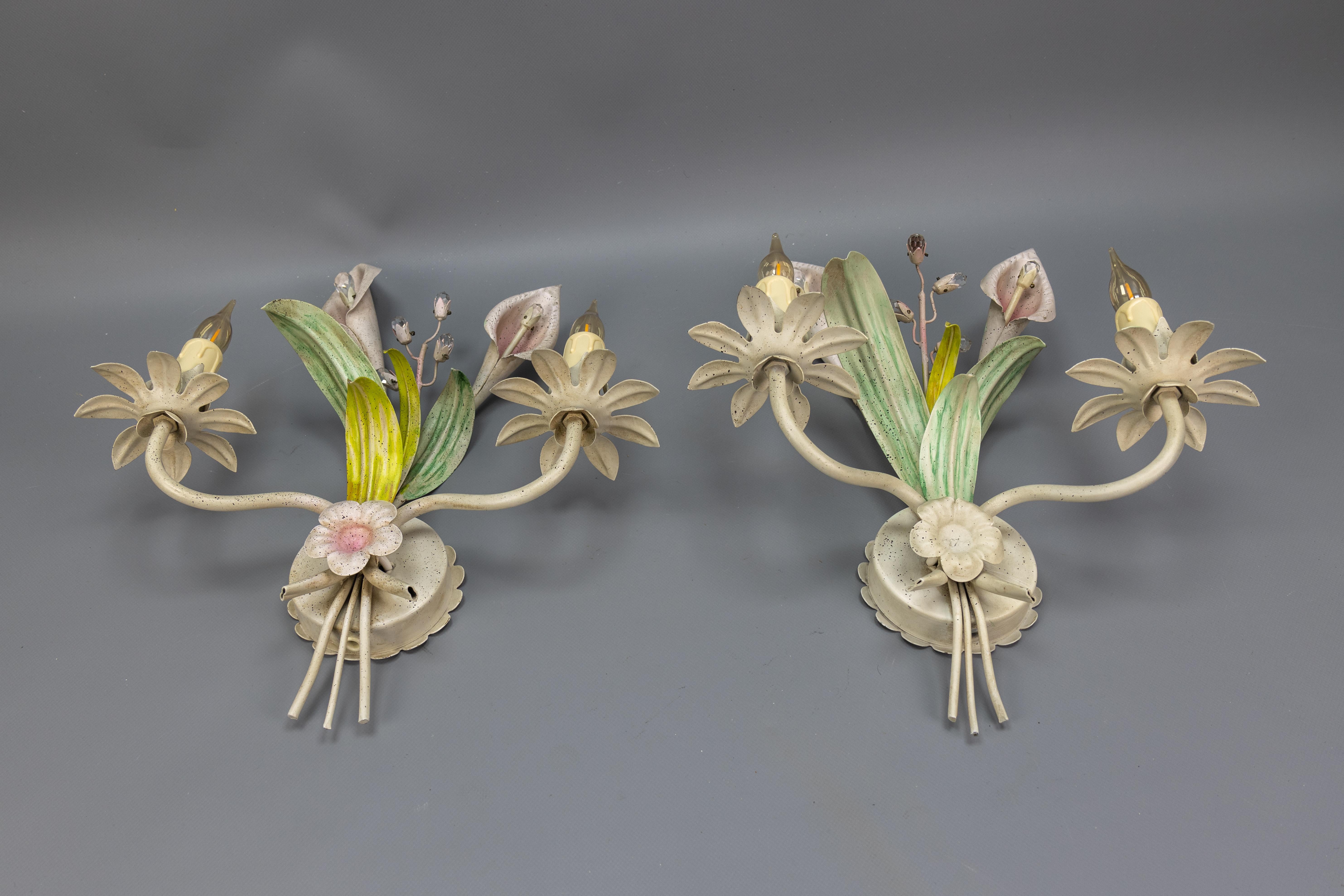 Coppia di lampade floreali Calla Lily in metallo e cristallo, anni '70 in vendita 3