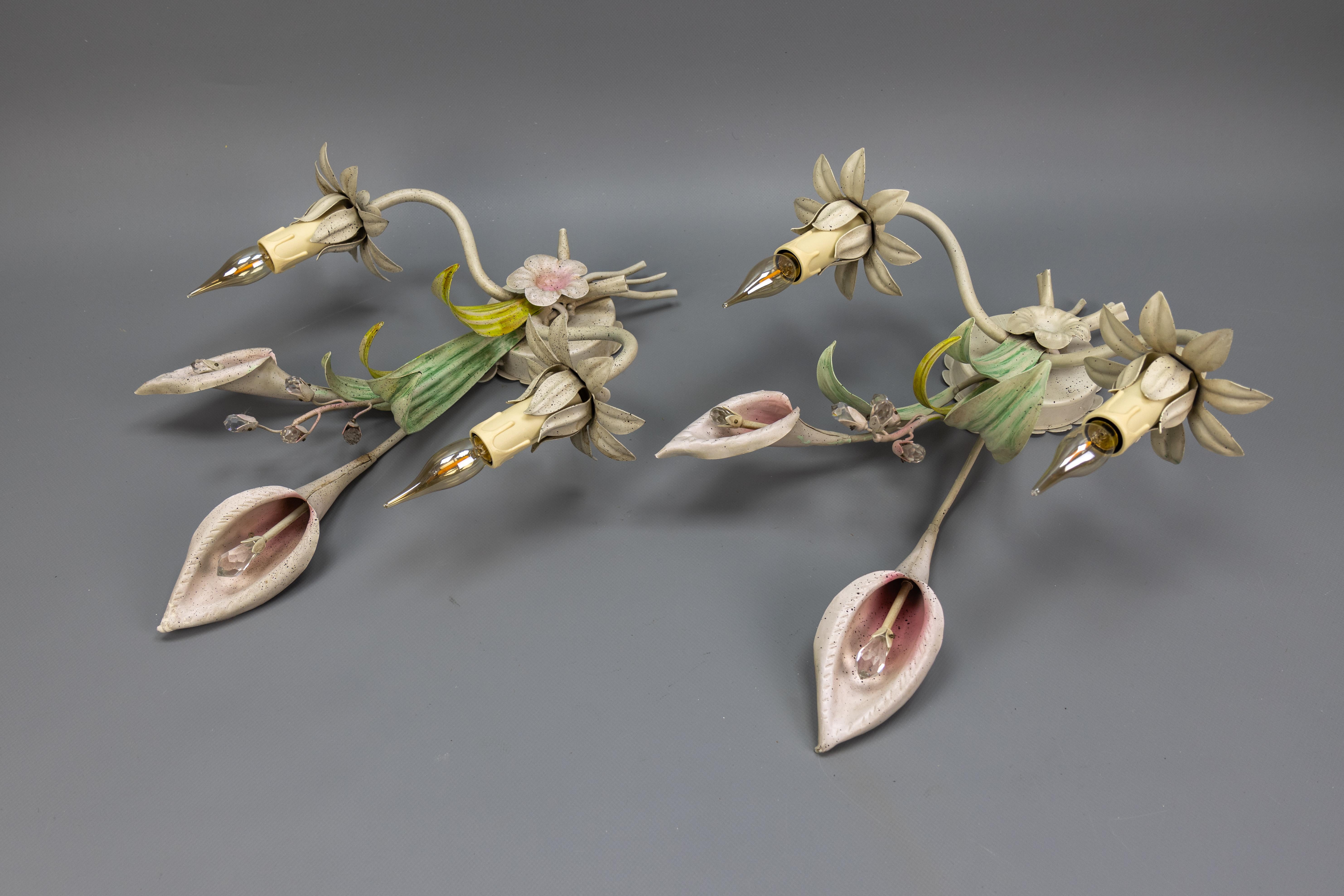 Coppia di lampade floreali Calla Lily in metallo e cristallo, anni '70 in vendita 7