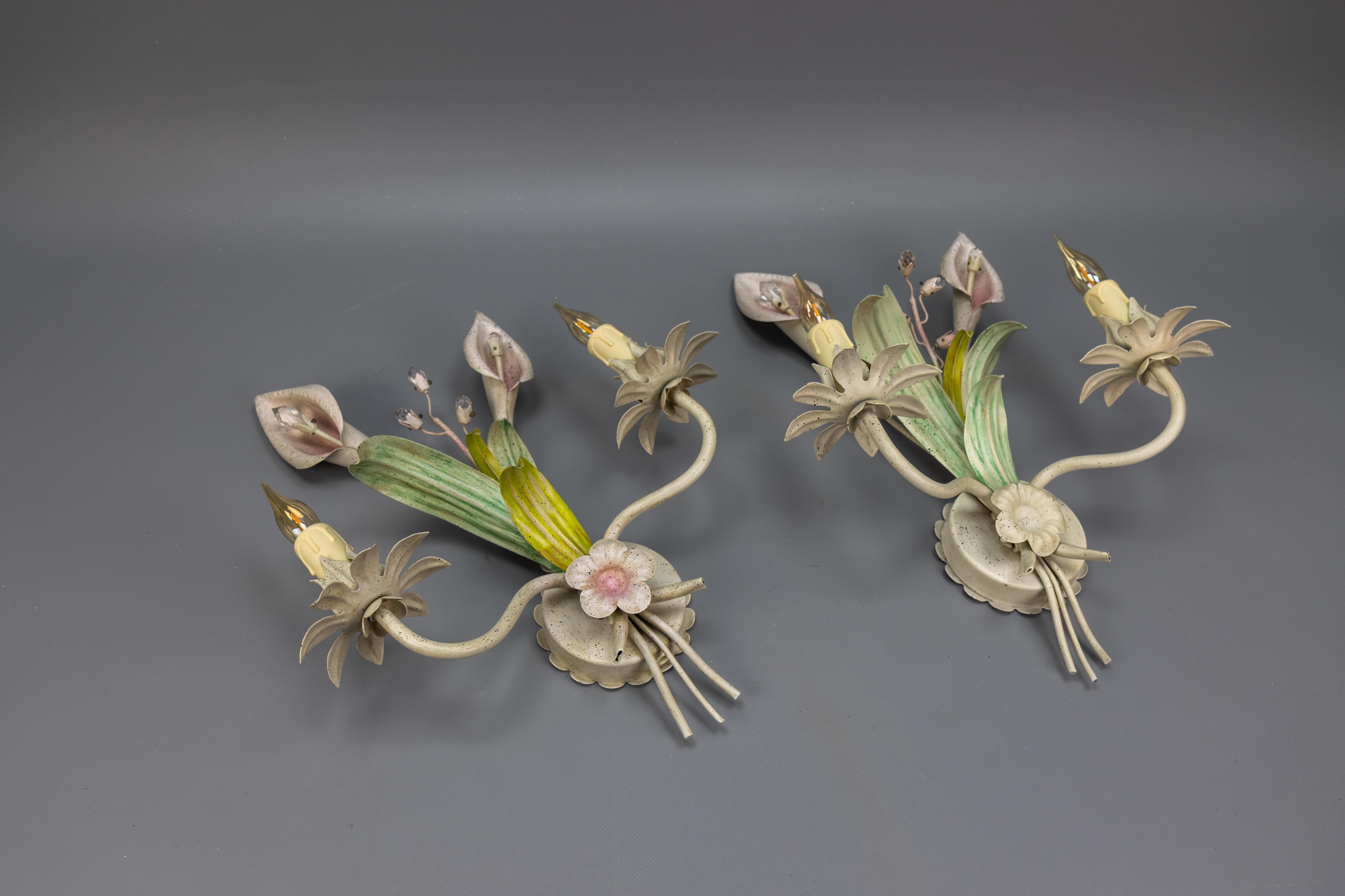 Coppia di lampade floreali Calla Lily in metallo e cristallo, anni '70 in vendita 8