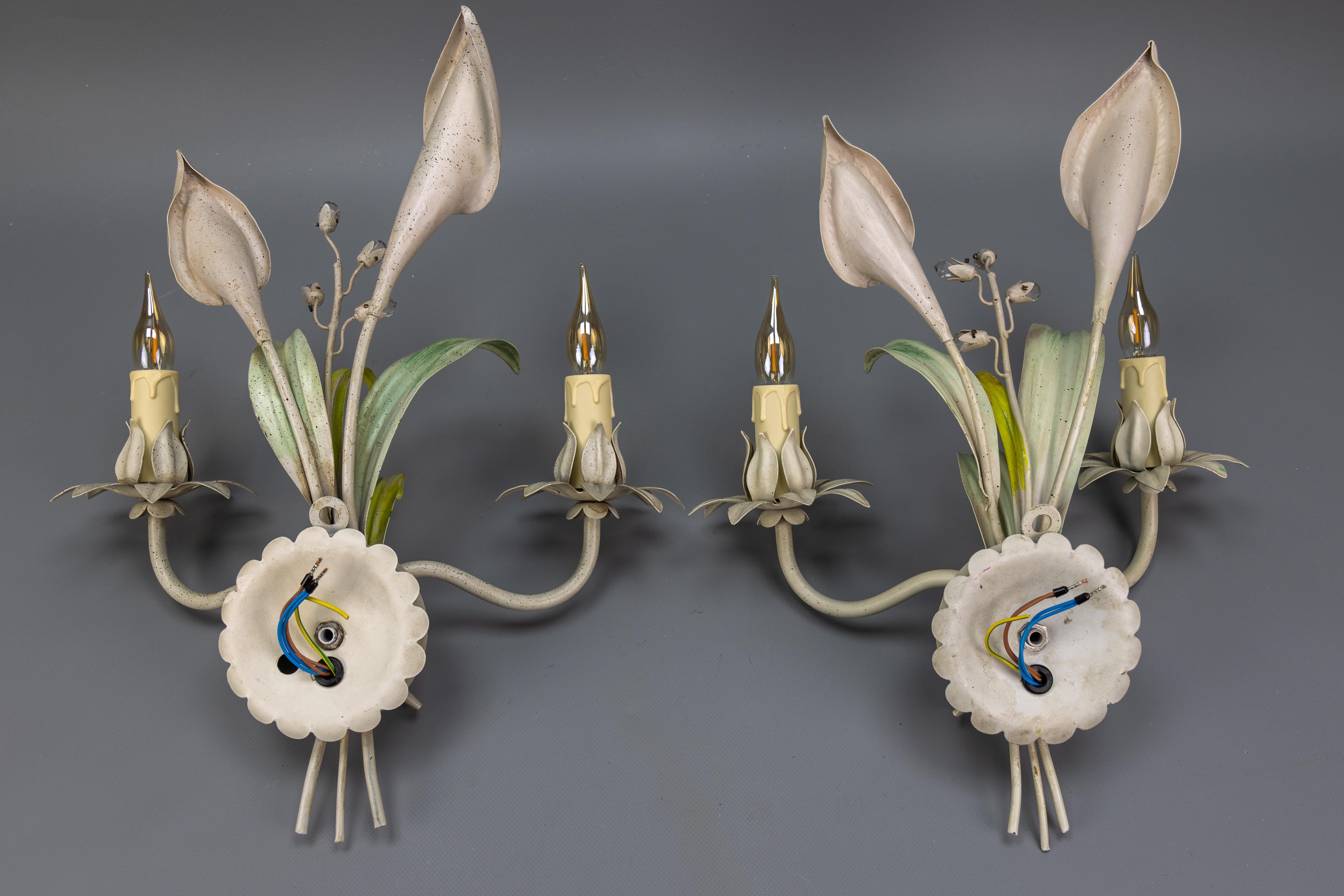 Coppia di lampade floreali Calla Lily in metallo e cristallo, anni '70 in vendita 9