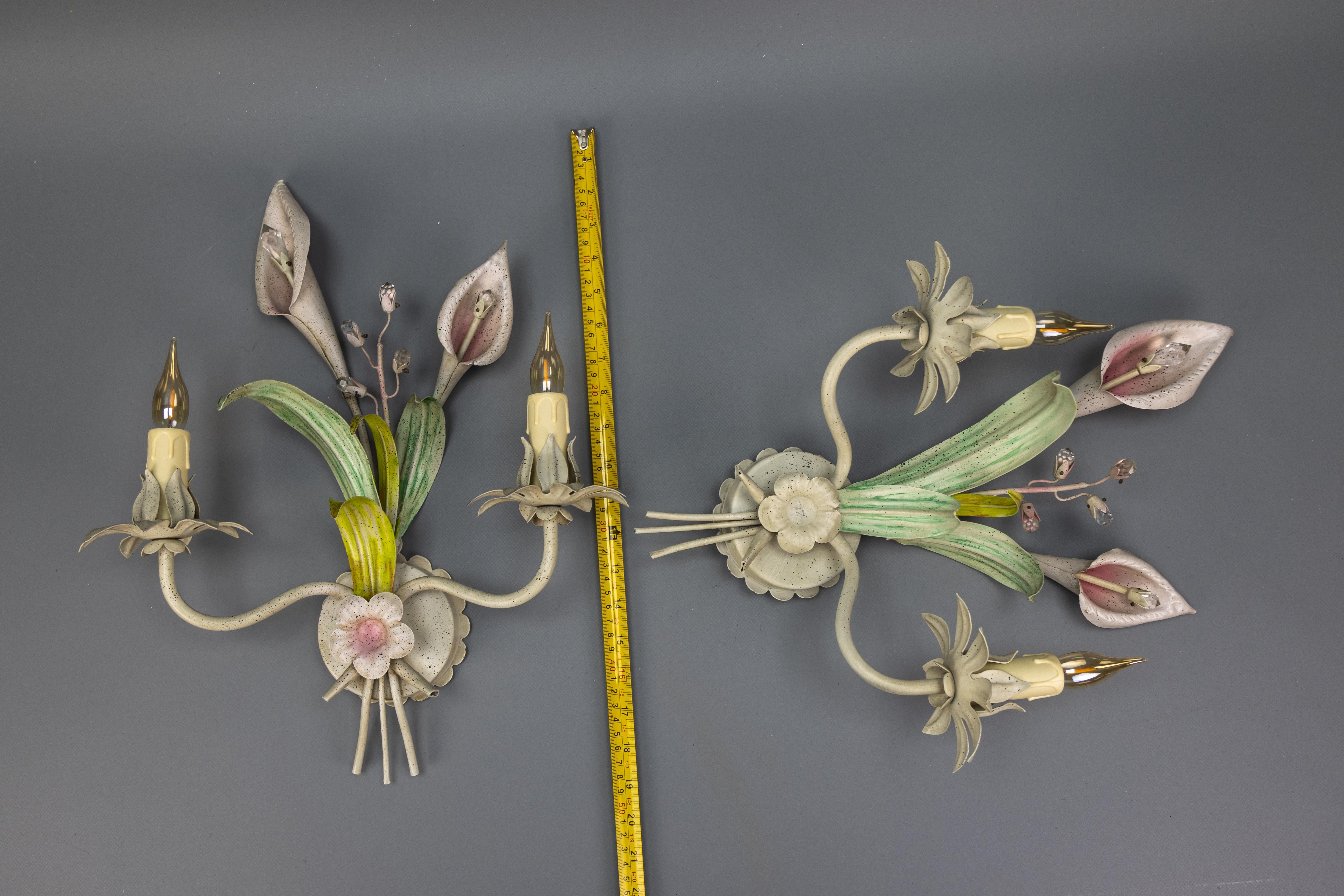 Coppia di lampade floreali Calla Lily in metallo e cristallo, anni '70 in vendita 11