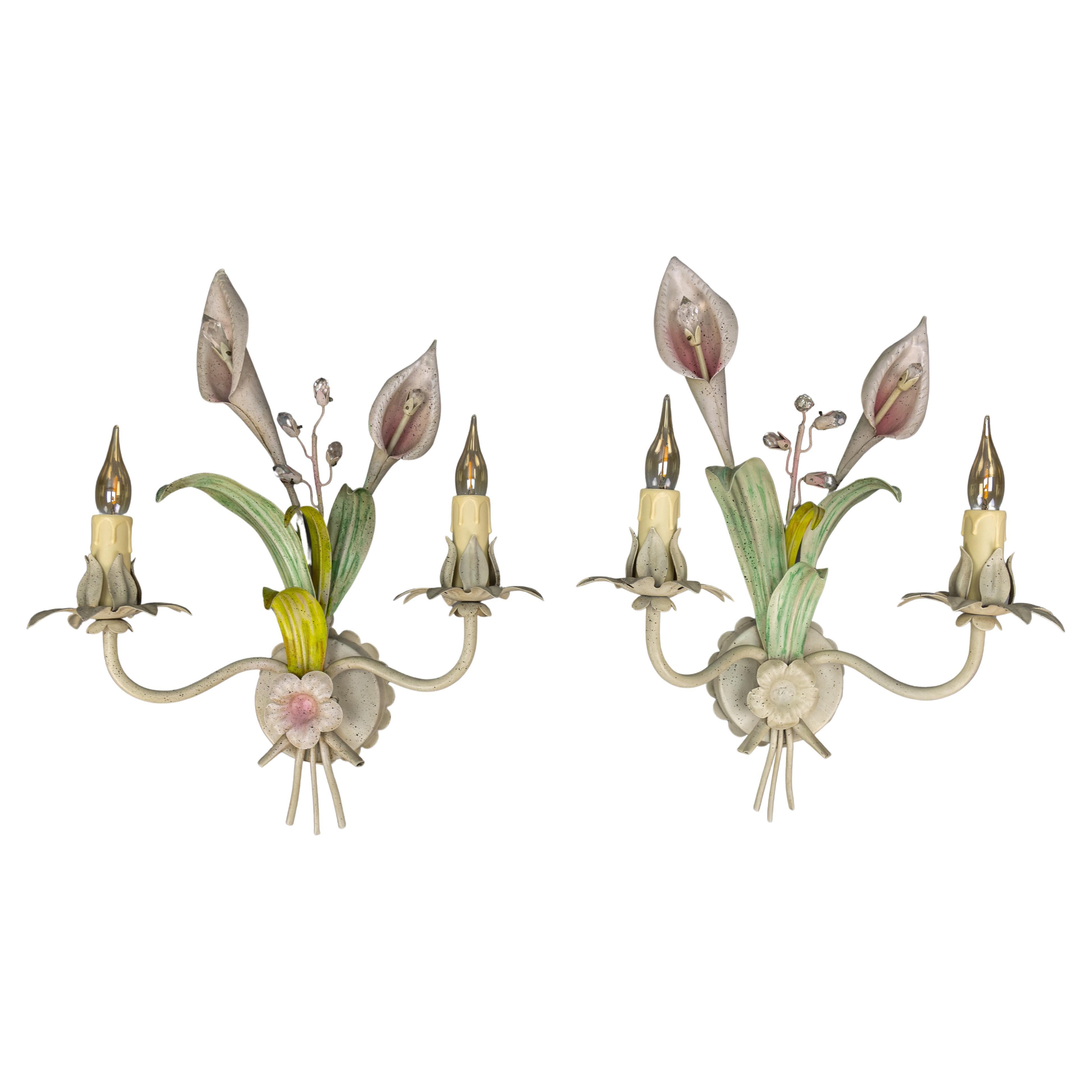 Pareja de candelabros florales de metal y cristal en color pastel, años 70