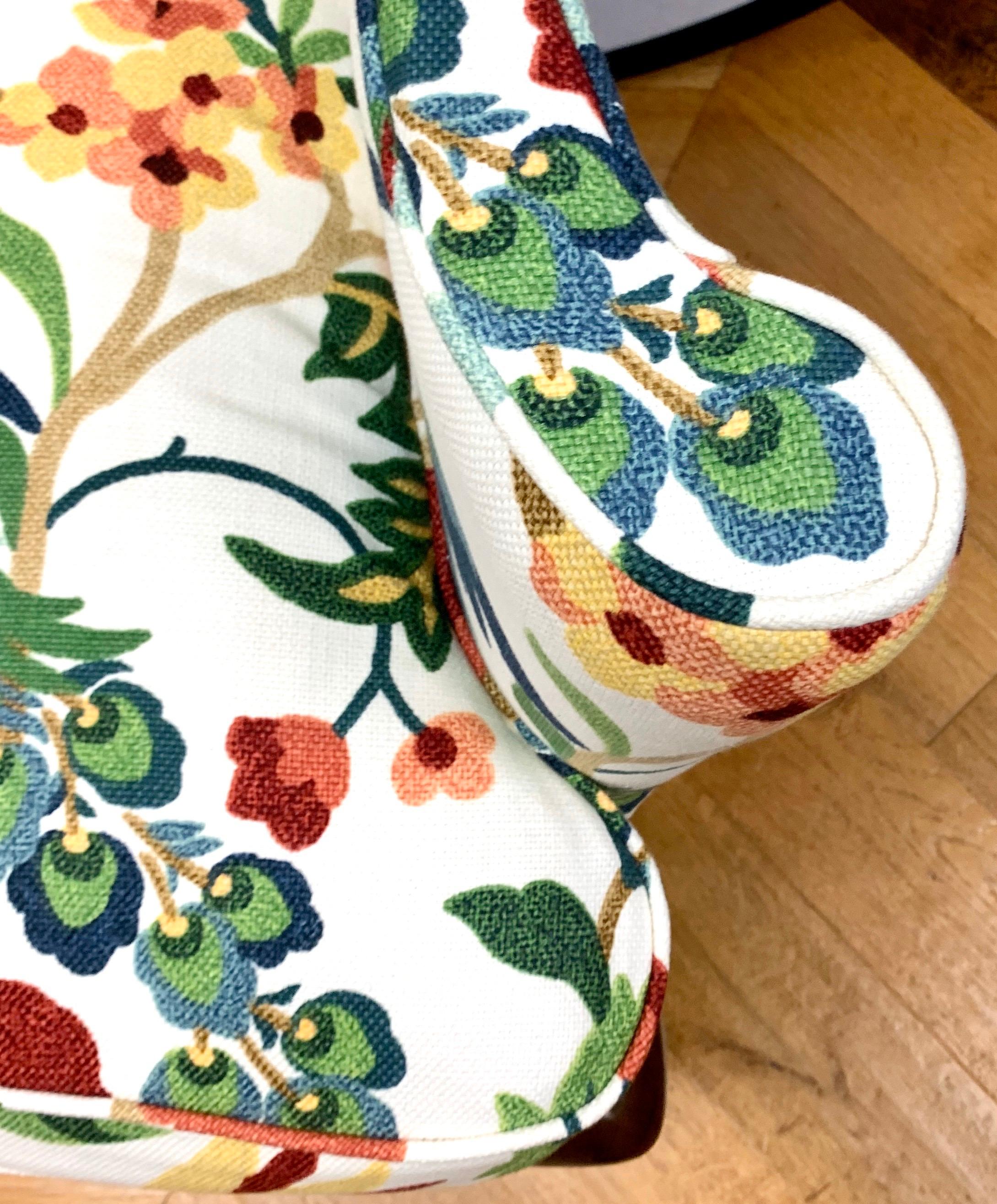 Pair of Floral Crewelwork Print Mahogany Wingbacks Wingback Chairs His and Her 2