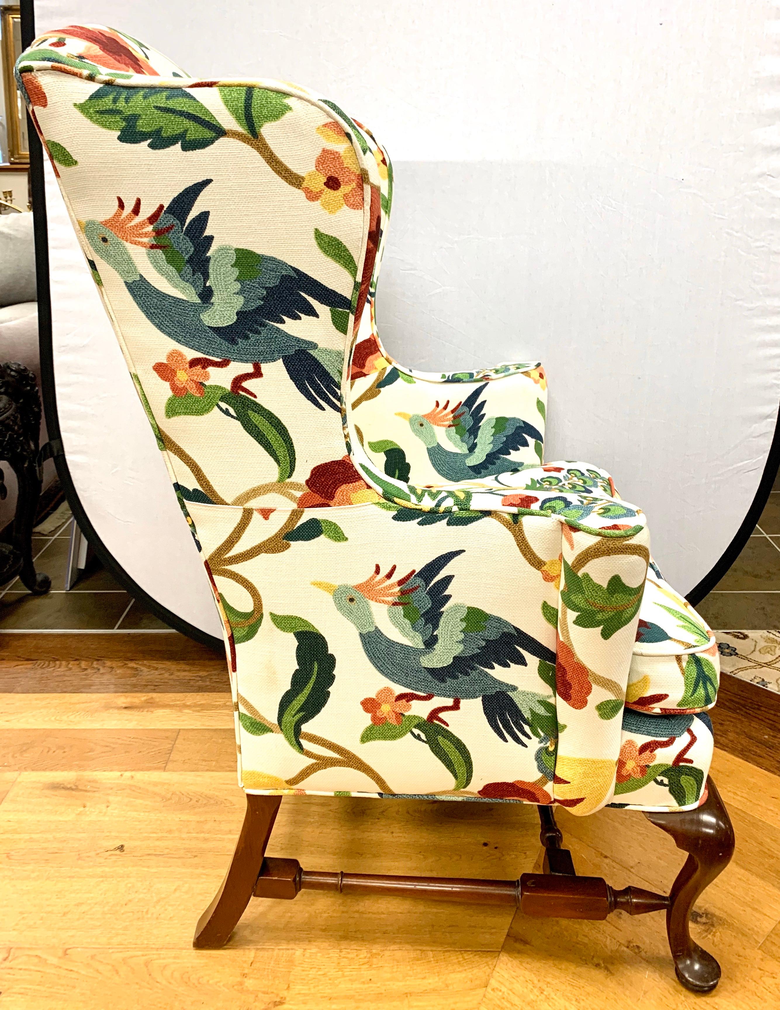 Pair of Floral Crewelwork Print Mahogany Wingbacks Wingback Chairs His and Her 4
