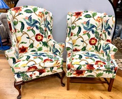 Pair of Floral Crewelwork Print Mahogany Wingbacks Wingback Chairs His and Her