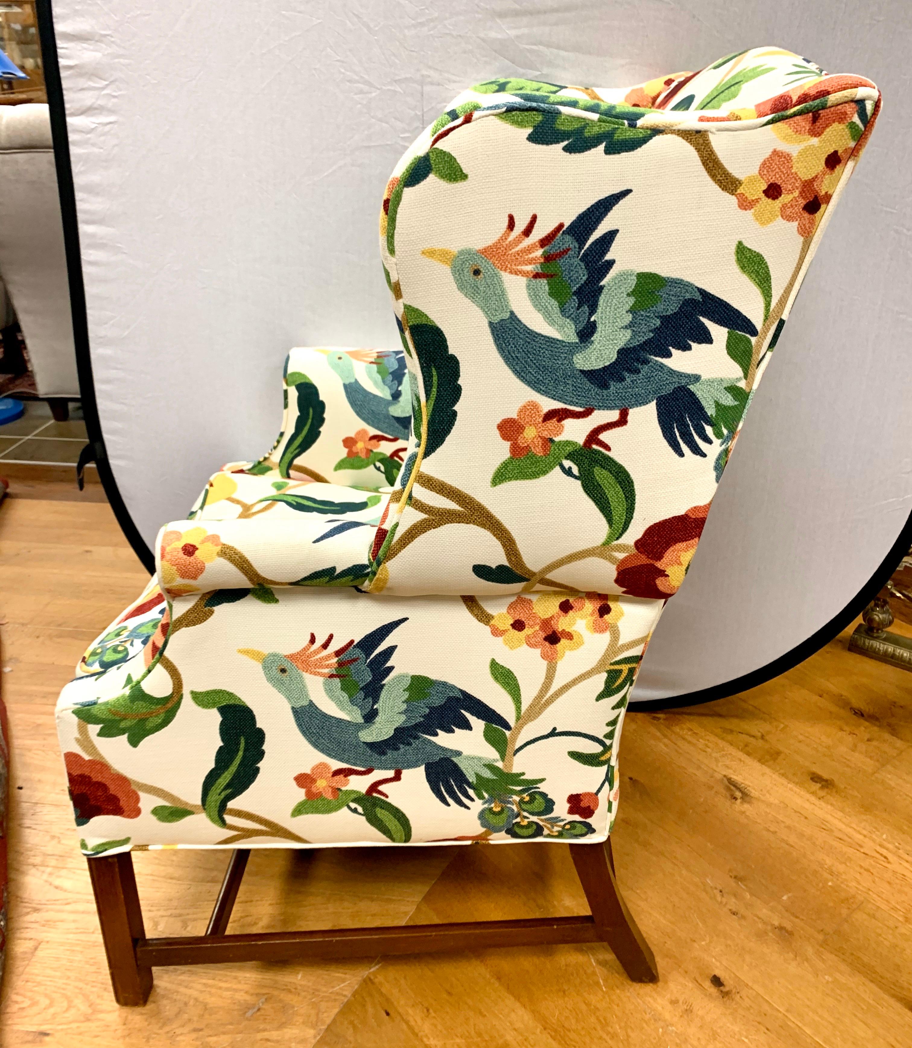 Queen Anne Pair of Floral Crewelwork Print Mahogany Wingbacks Wingback Chairs His and Her