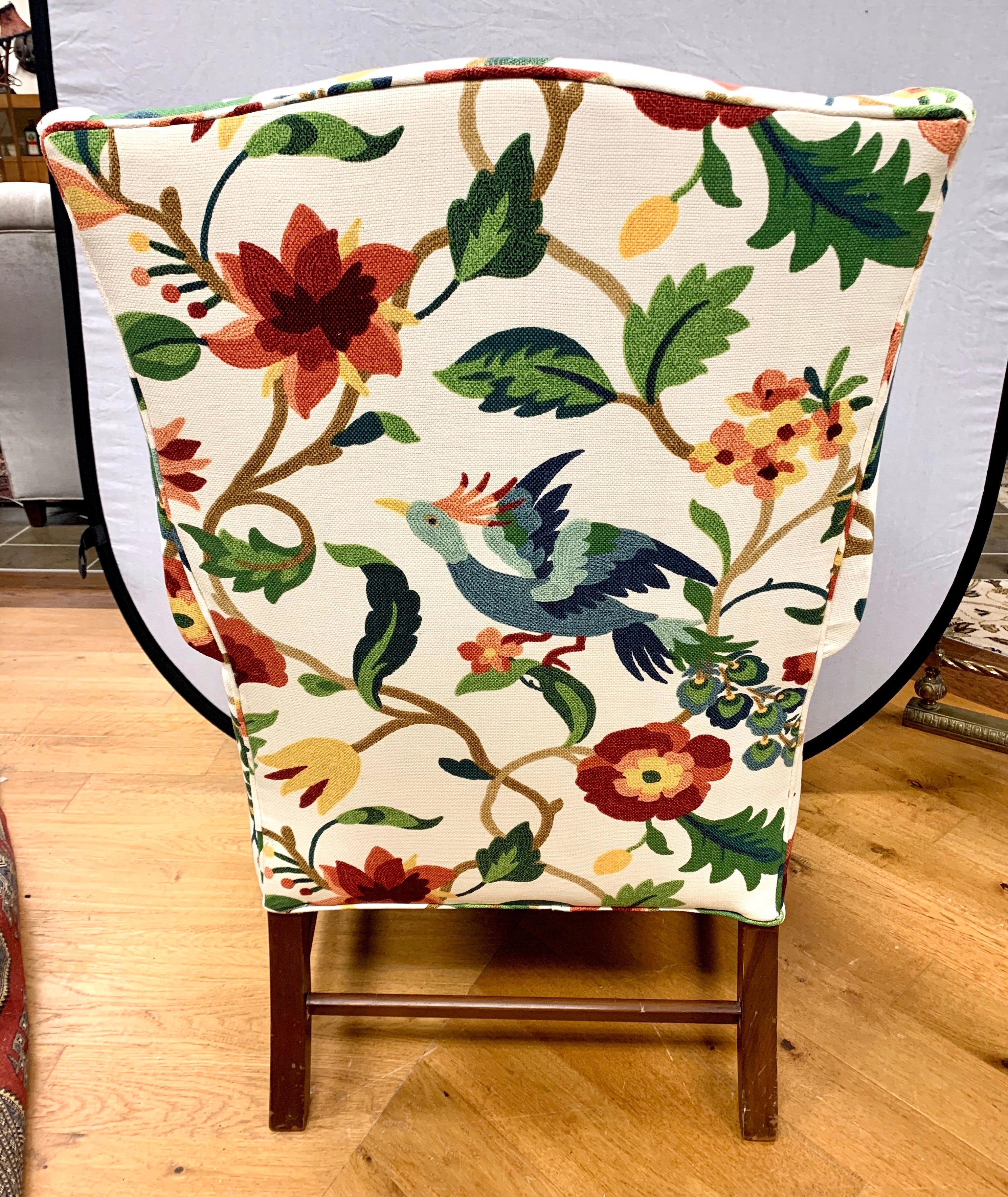 North American Pair of Floral Crewelwork Print Mahogany Wingbacks Wingback Chairs His and Her
