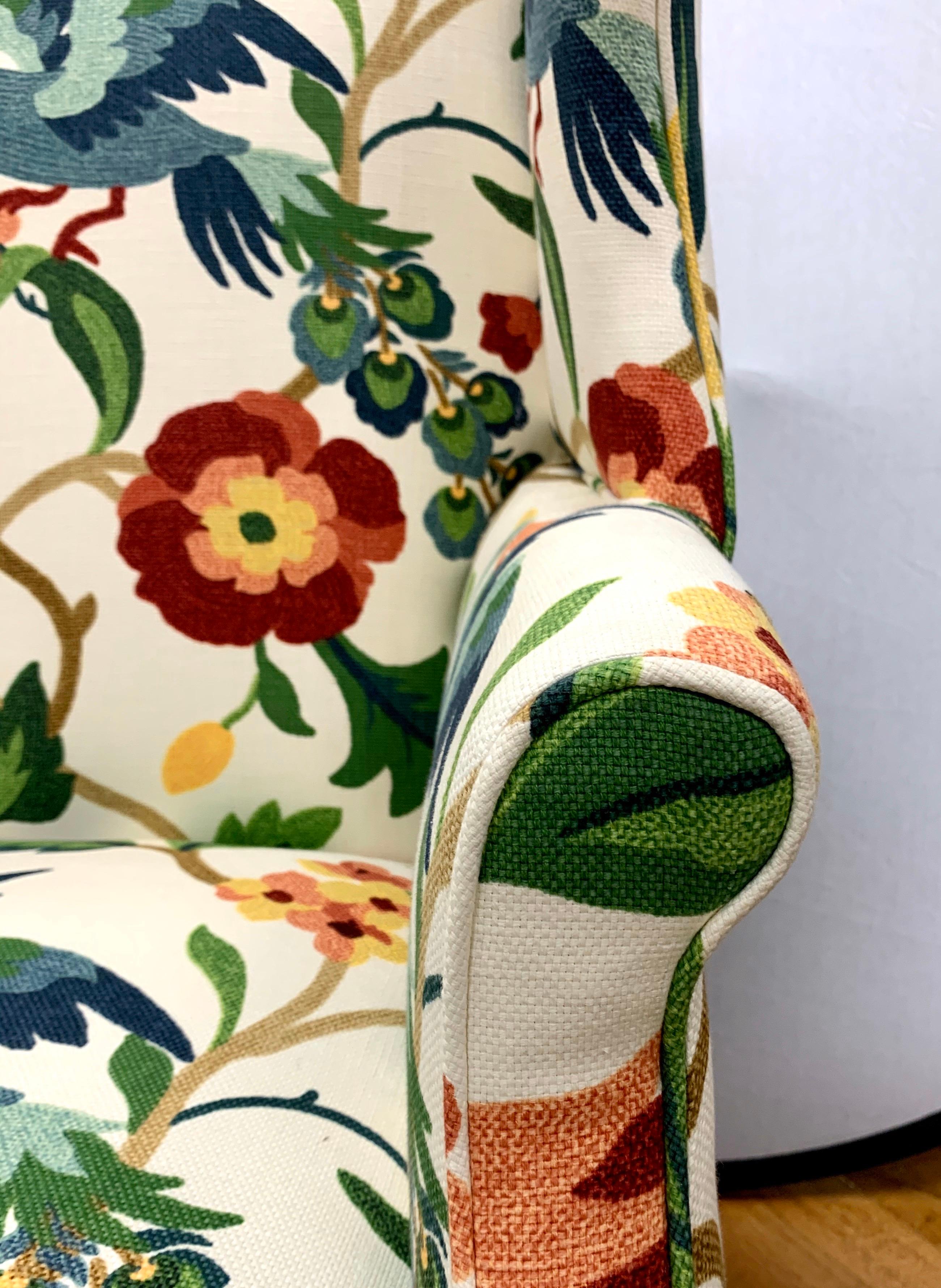 Pair of Floral Crewelwork Print Mahogany Wingbacks Wingback Chairs His and Her In Good Condition In West Hartford, CT