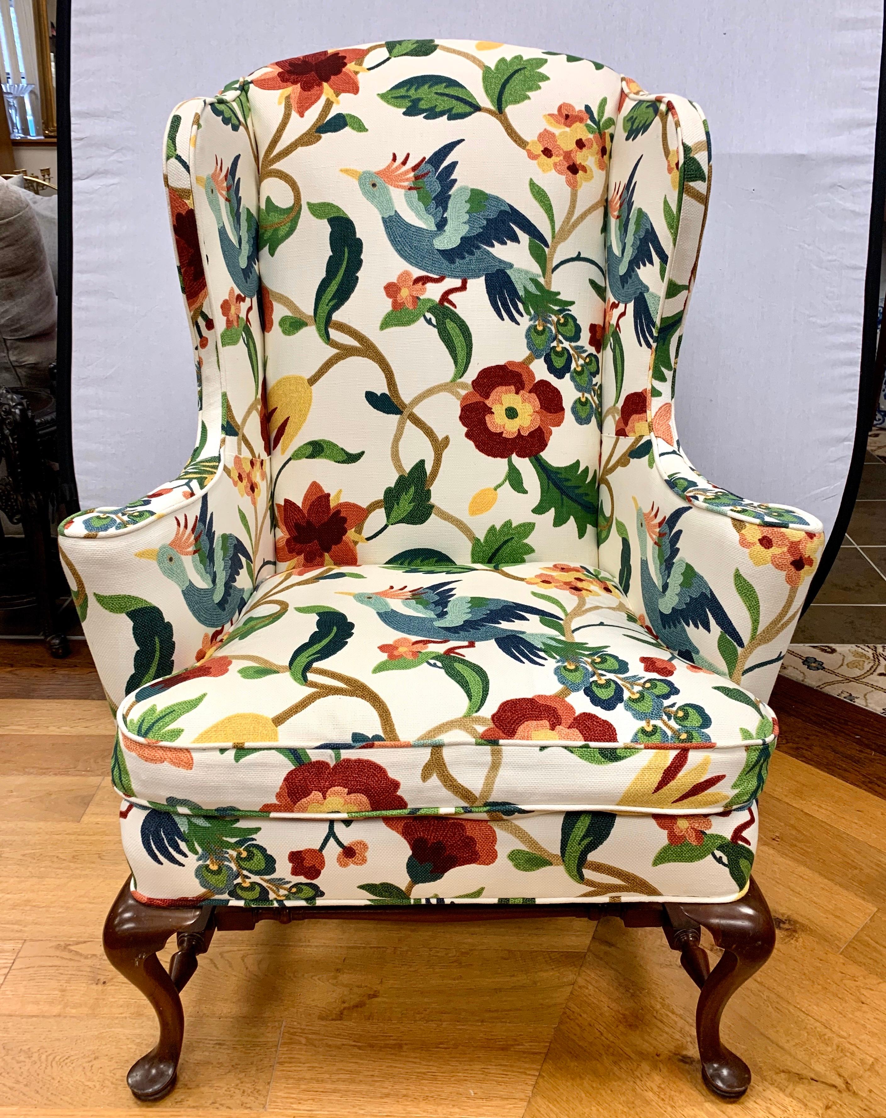 Fabric Pair of Floral Crewelwork Print Mahogany Wingbacks Wingback Chairs His and Her