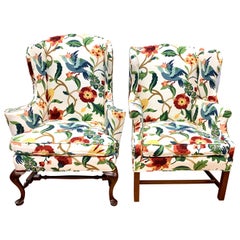 Pair of Floral Crewelwork Print Mahagoni Wingback Wingback Chairs His and Her